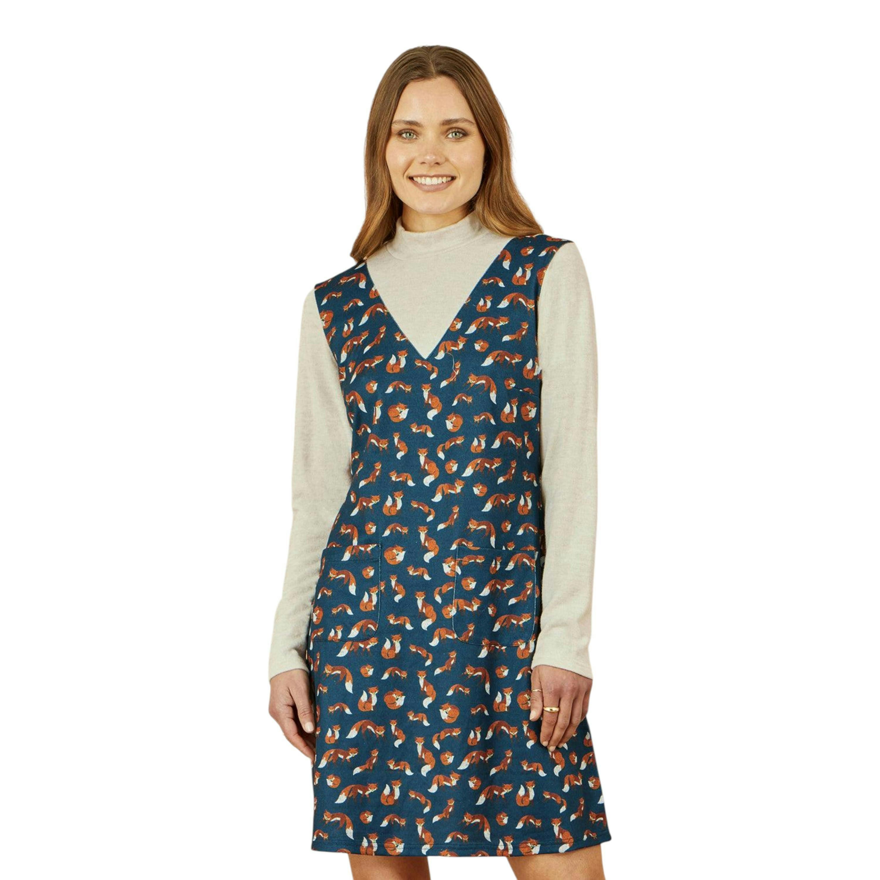 Yumi Navy Fox Long Sleeve Layered Tunic Dress With Front Pocket , view 3 of 5