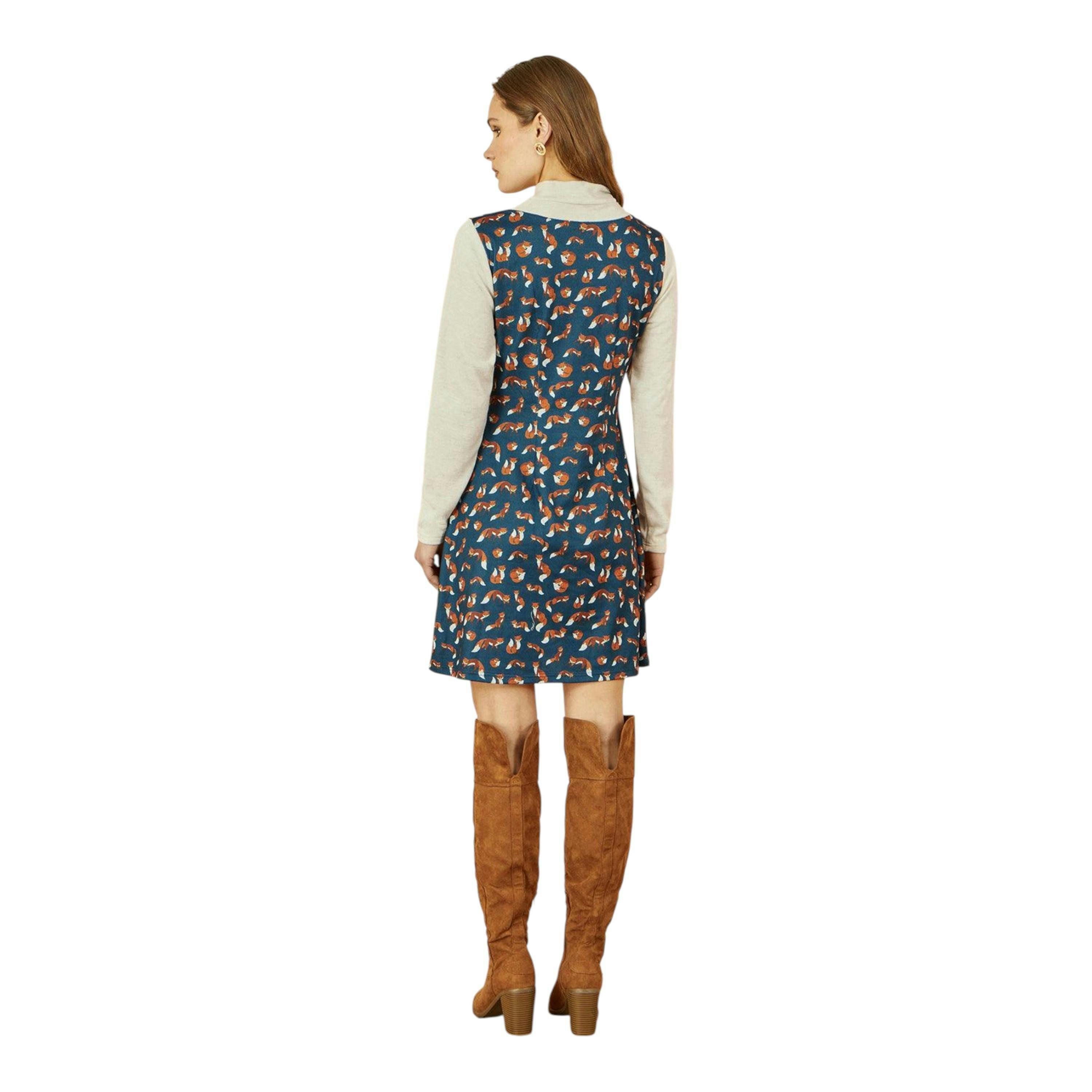 Yumi Navy Fox Long Sleeve Layered Tunic Dress With Front Pocket , view 4 of 5