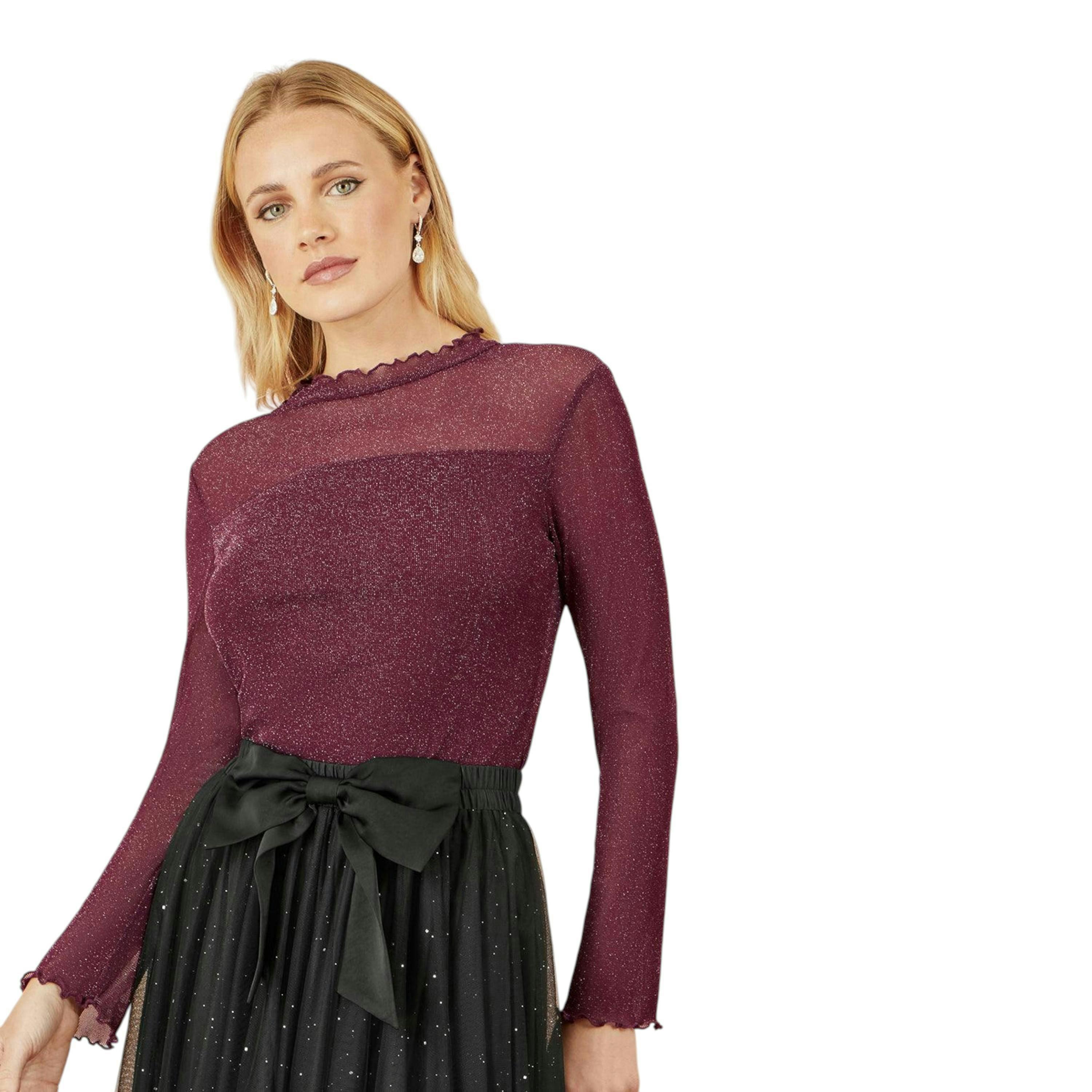 Yumi Burgundy Shimmer Print Mesh Stretch Fitted Top , view 1 of 4