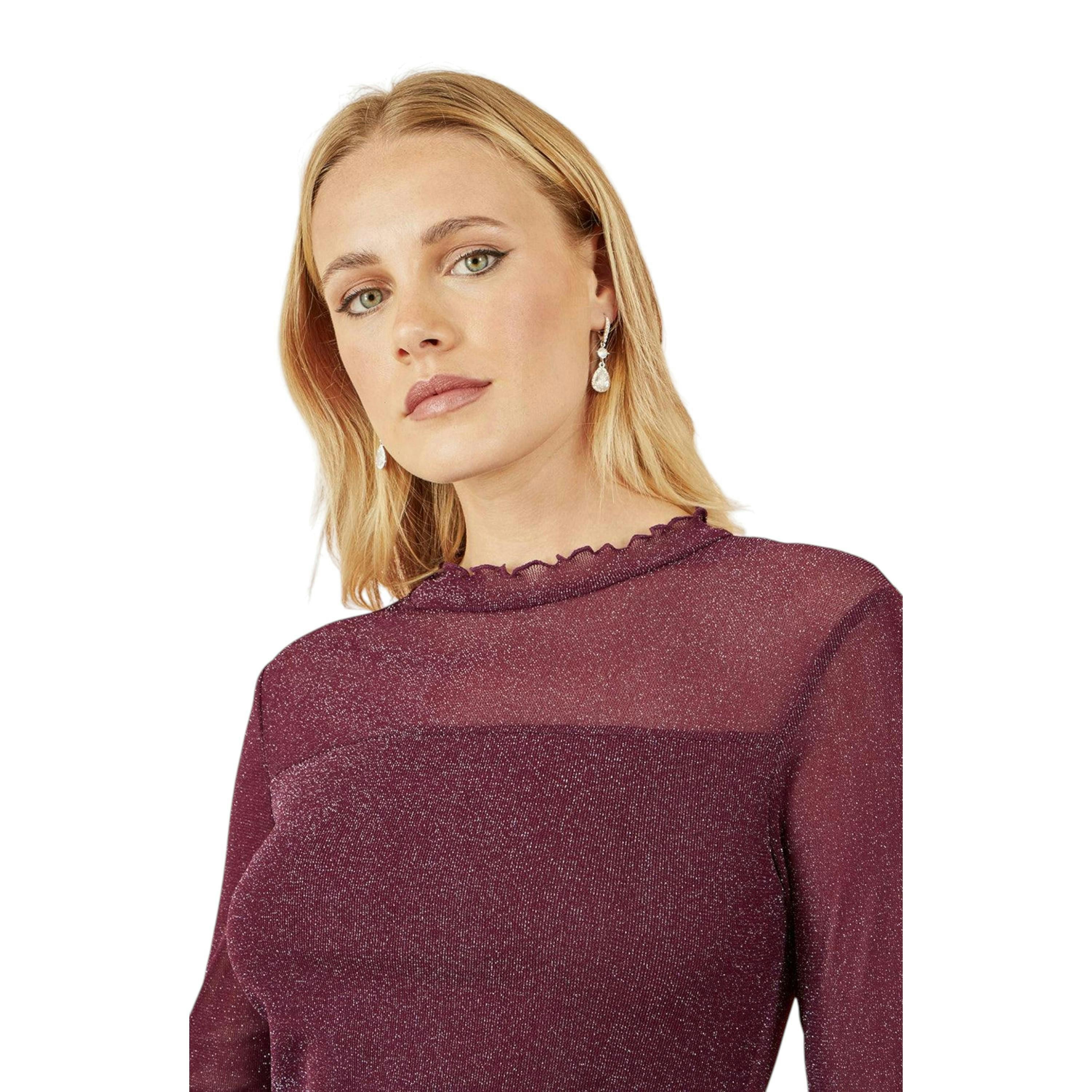 Yumi Burgundy Shimmer Print Mesh Stretch Fitted Top , view 2 of 4
