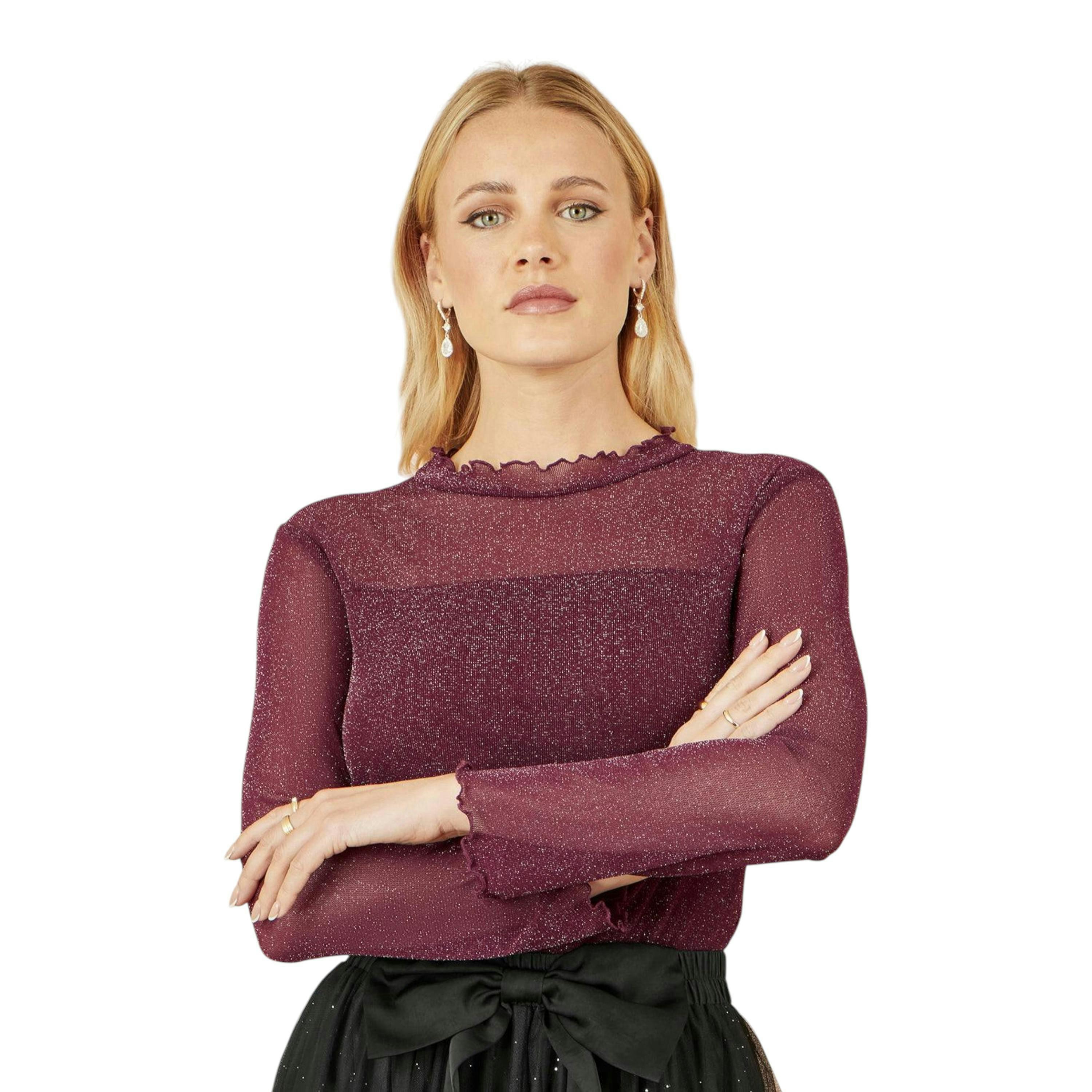 Yumi Burgundy Shimmer Print Mesh Stretch Fitted Top , view 3 of 4
