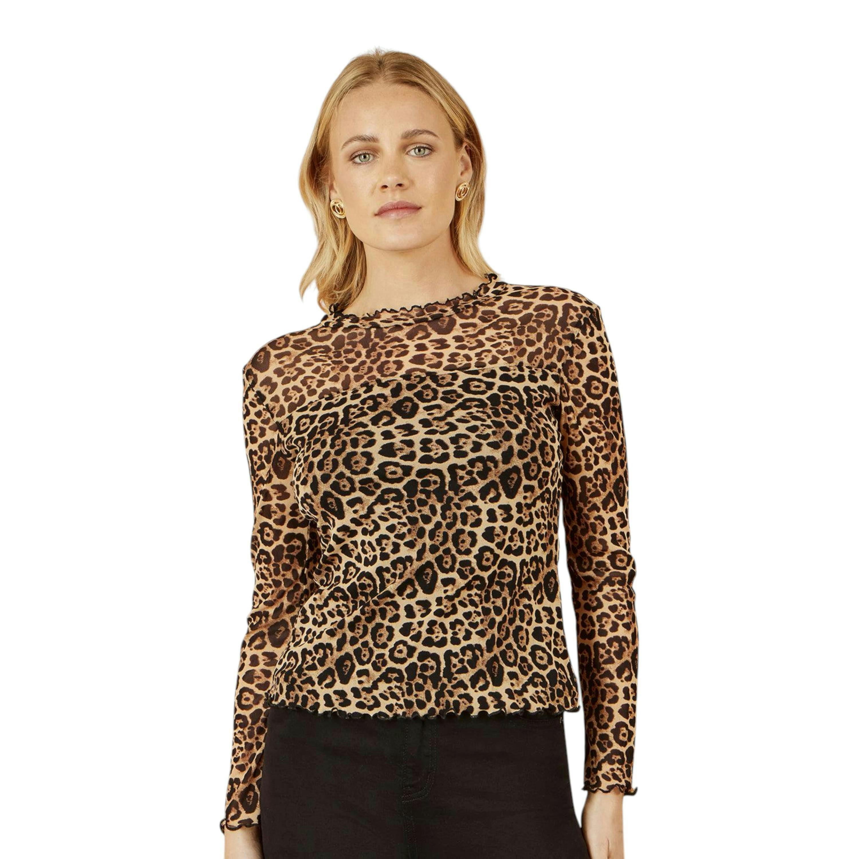 Yumi Brown Leopard Print Mesh Stretch Fitted Top , view 5 of 6