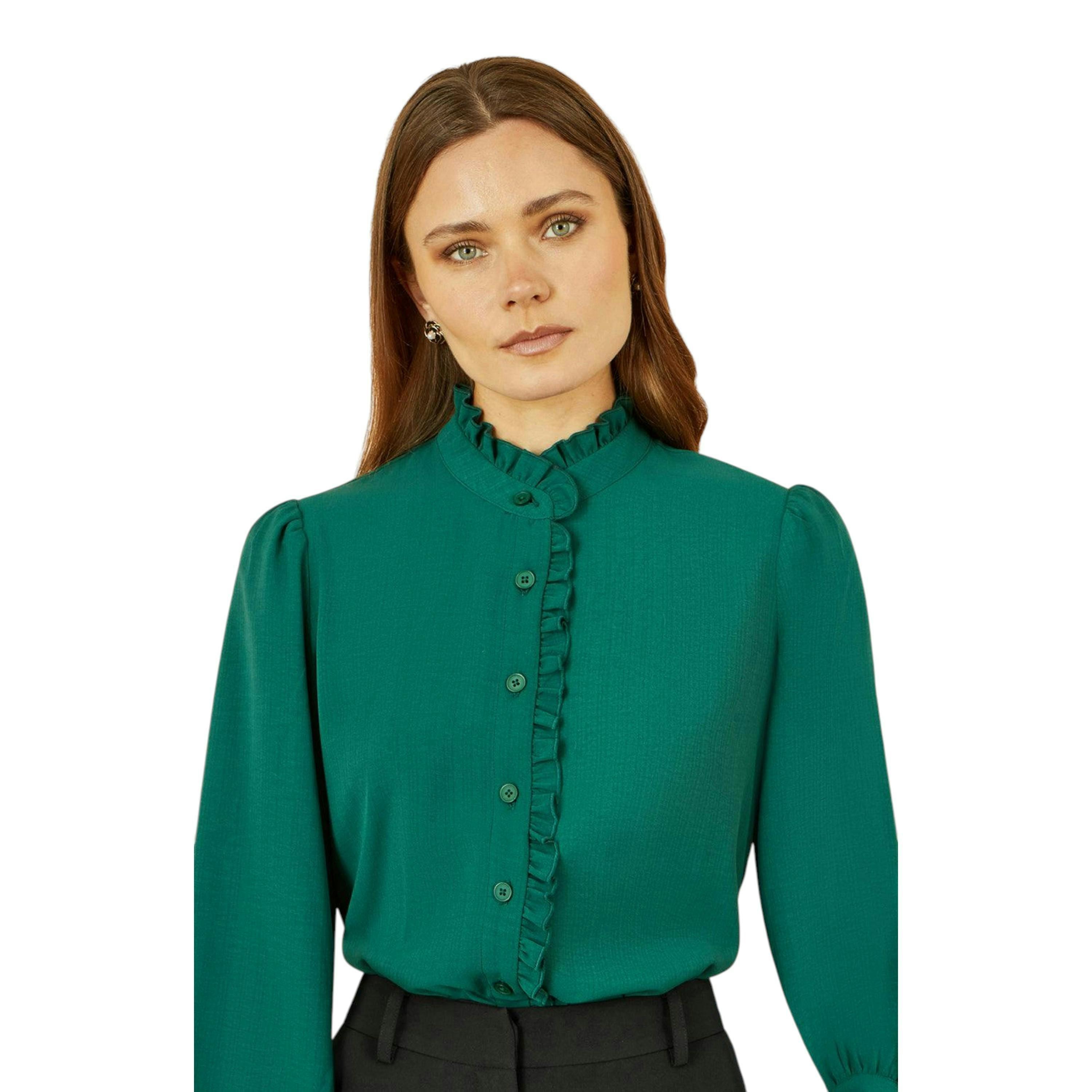 Yumi Green Frill High Neck Shirt , view 1 of 6