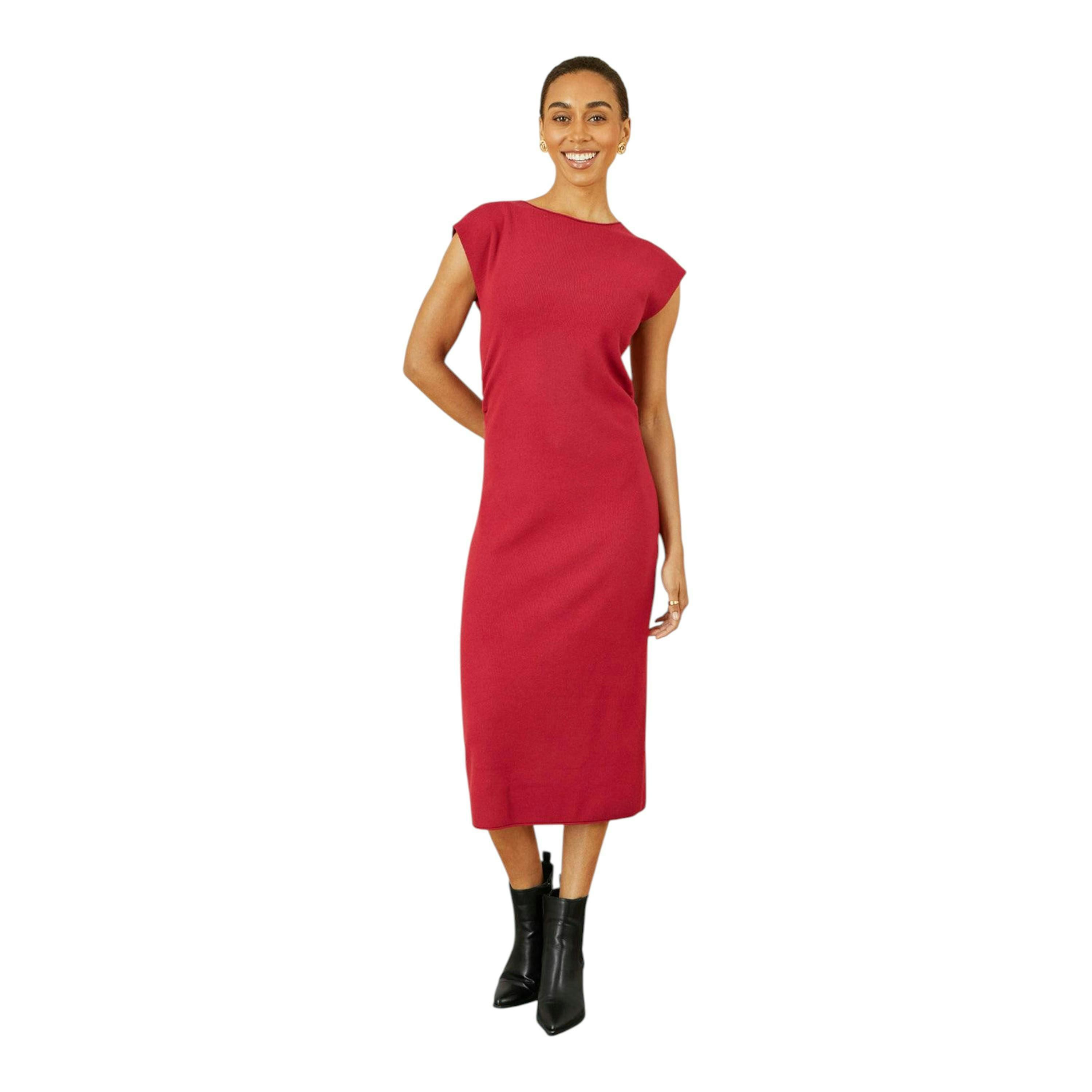 Yumi Burgundy Knitted Ruched Midi Dress , view 1 of 5