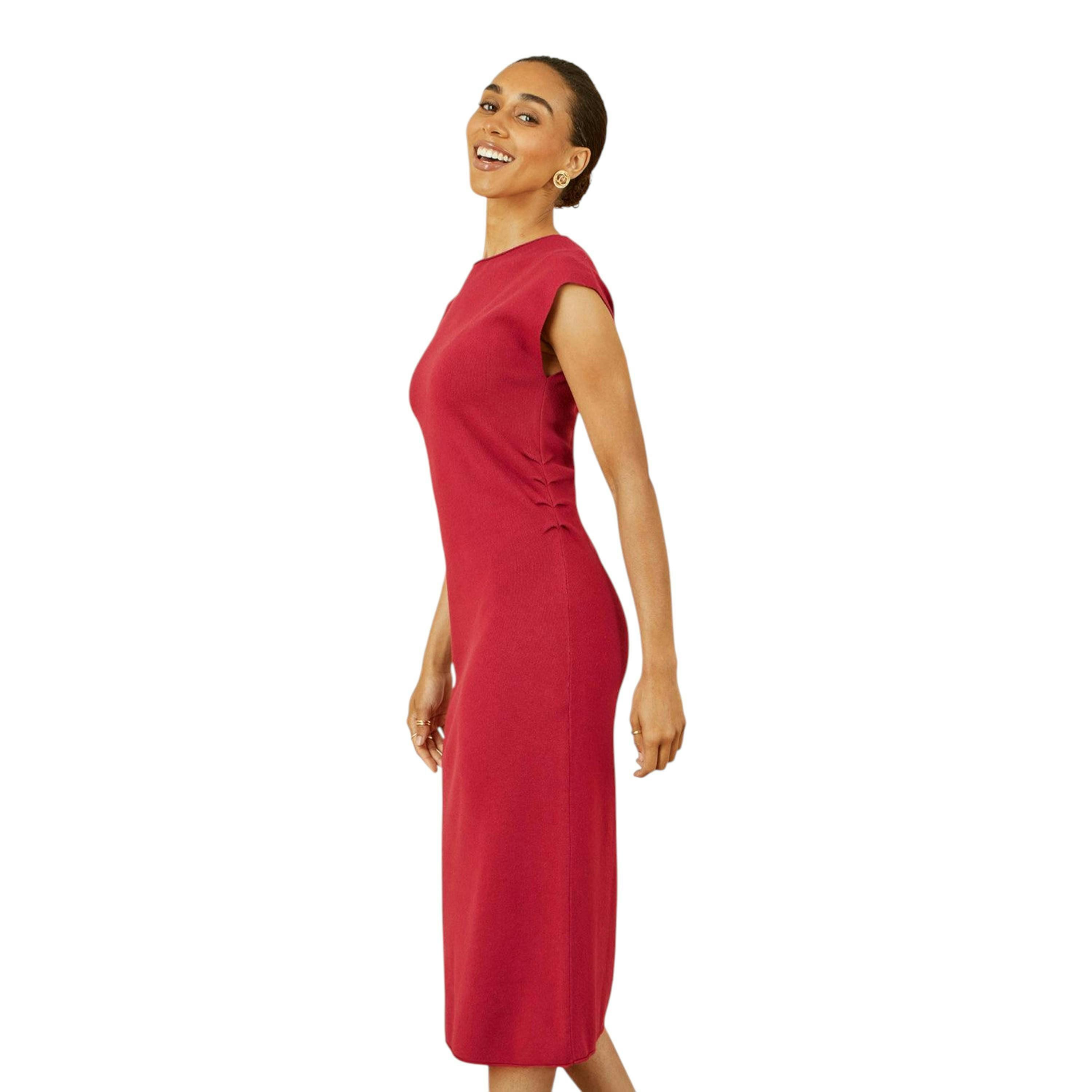 Yumi Burgundy Knitted Ruched Midi Dress , view 2 of 5