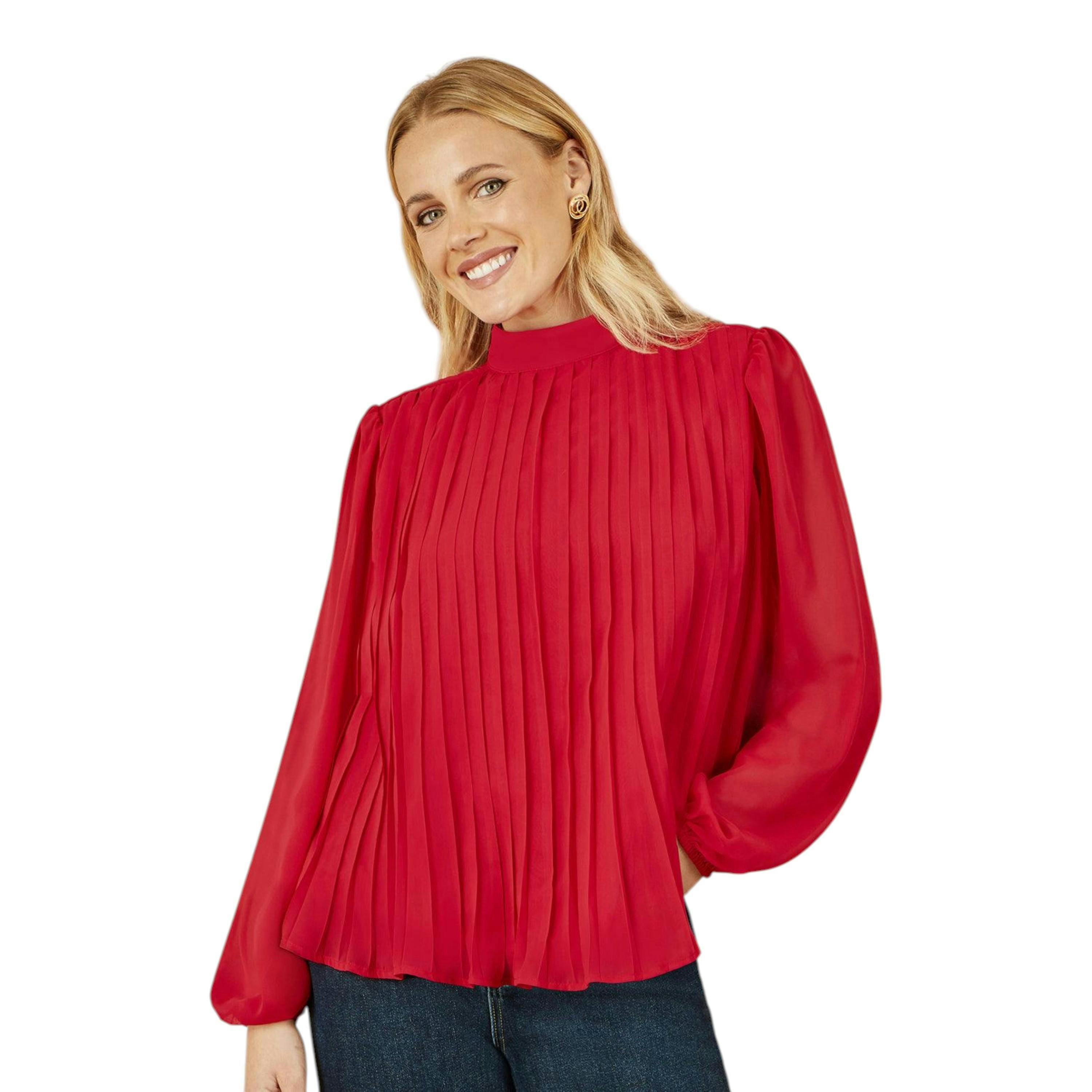 Yumi Red Pleated Long Sleeve Top With High Neck , view 1 of 6