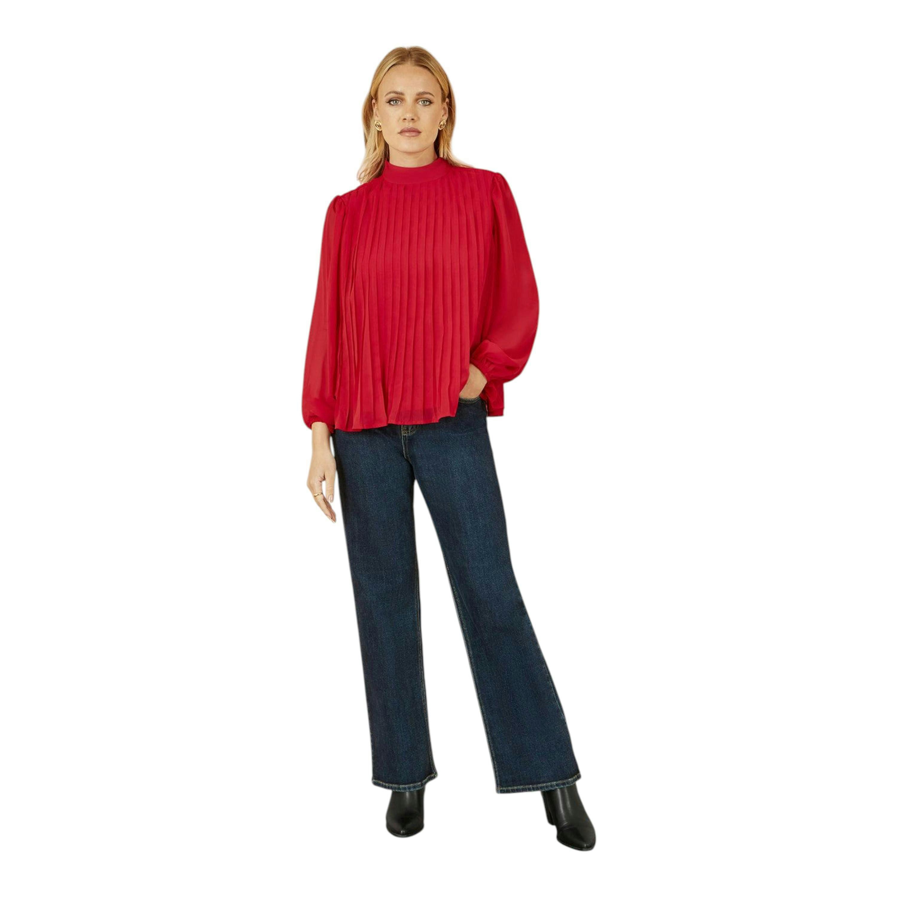 Yumi Red Pleated Long Sleeve Top With High Neck , view 2 of 6
