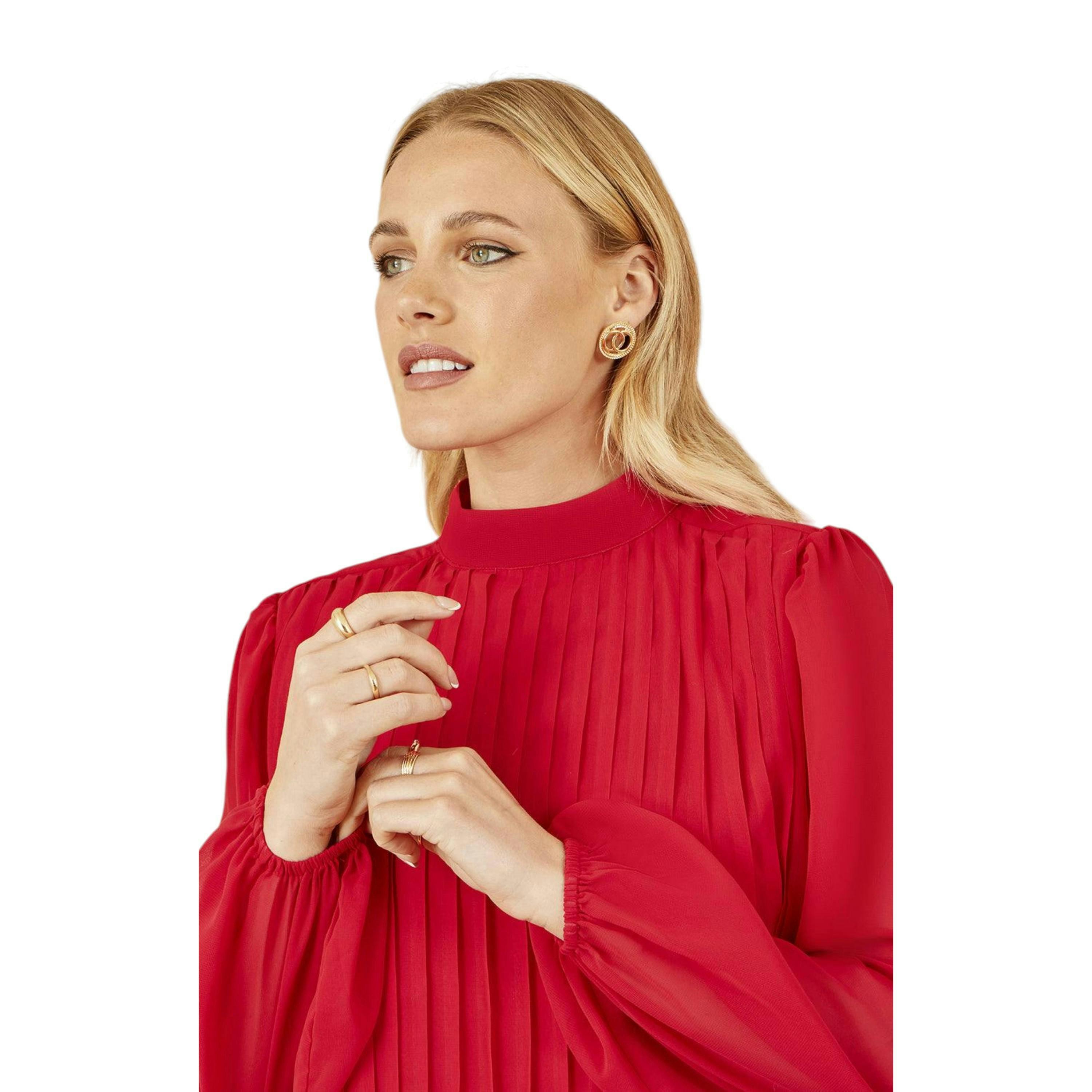 Yumi Red Pleated Long Sleeve Top With High Neck , view 3 of 6