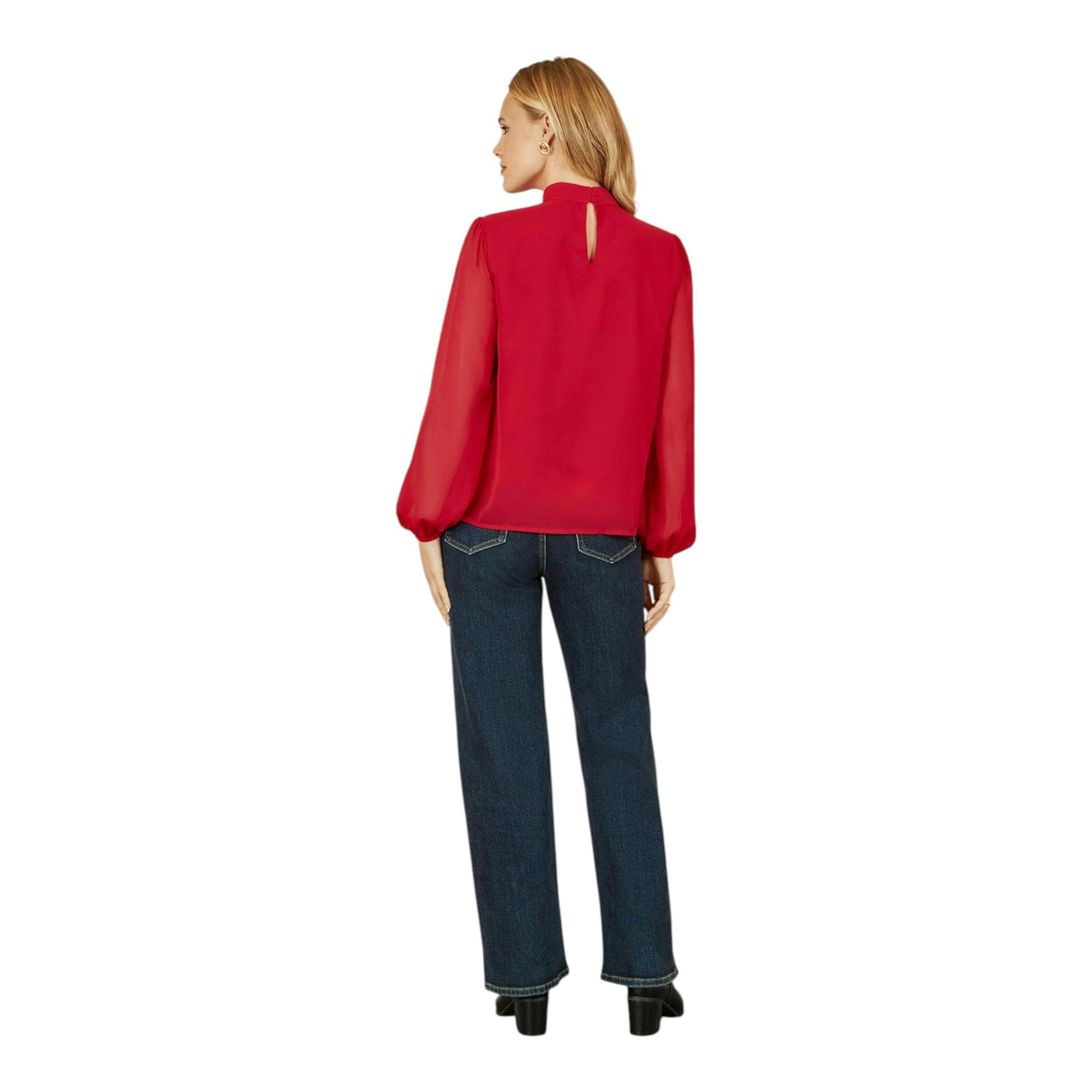 Yumi Red Pleated Long Sleeve Top With High Neck , view 4 of 6