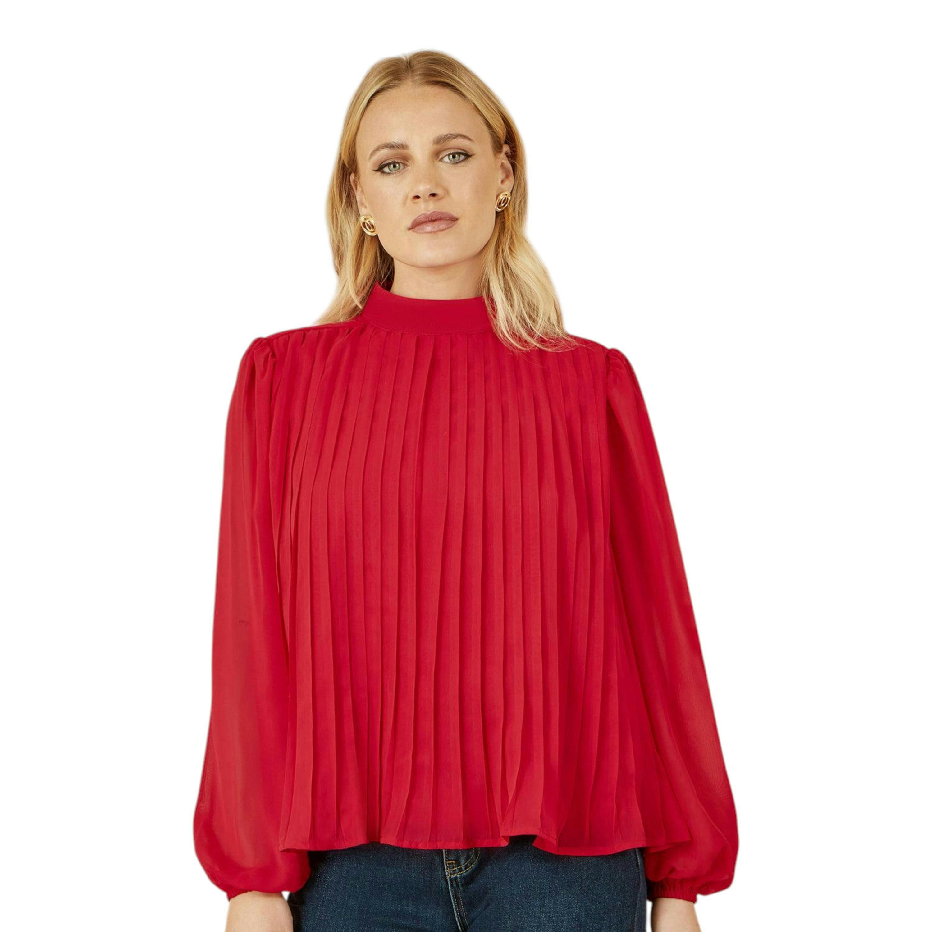 Yumi Red Pleated Long Sleeve Top With High Neck , view 5 of 6