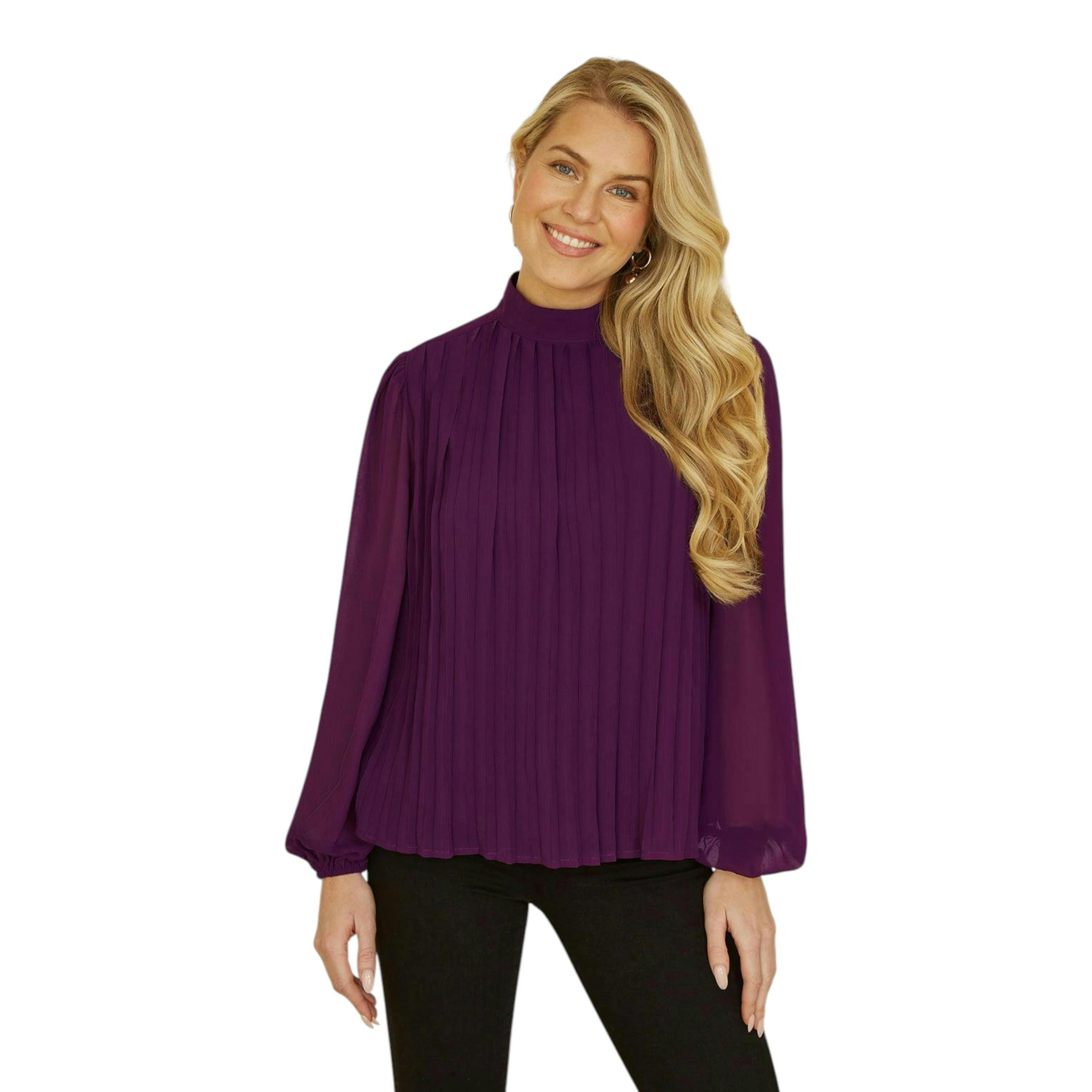 Yumi Plum Pleated Long Sleeve Top With High Neck , view 1 of 4