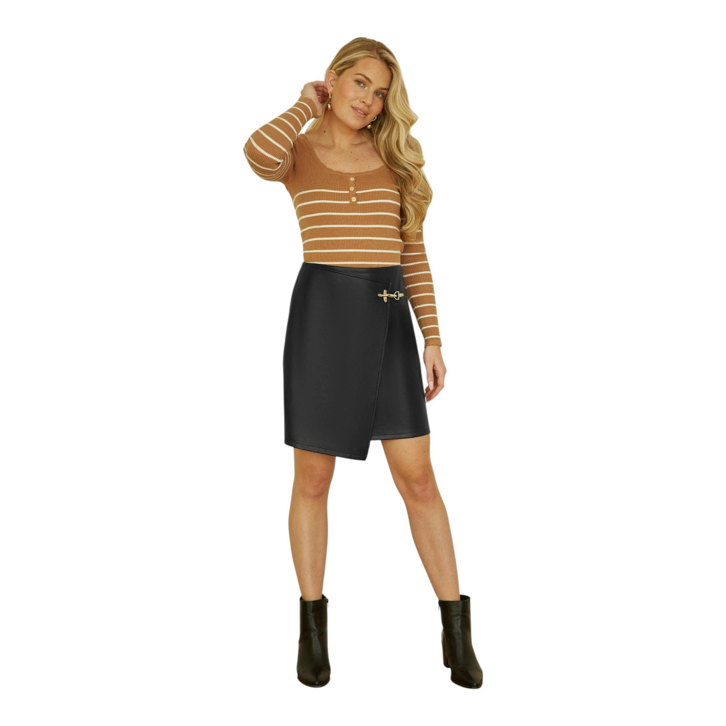 Yumi Black Faux Leather Wrap Mini Skirt , view 1 of 4