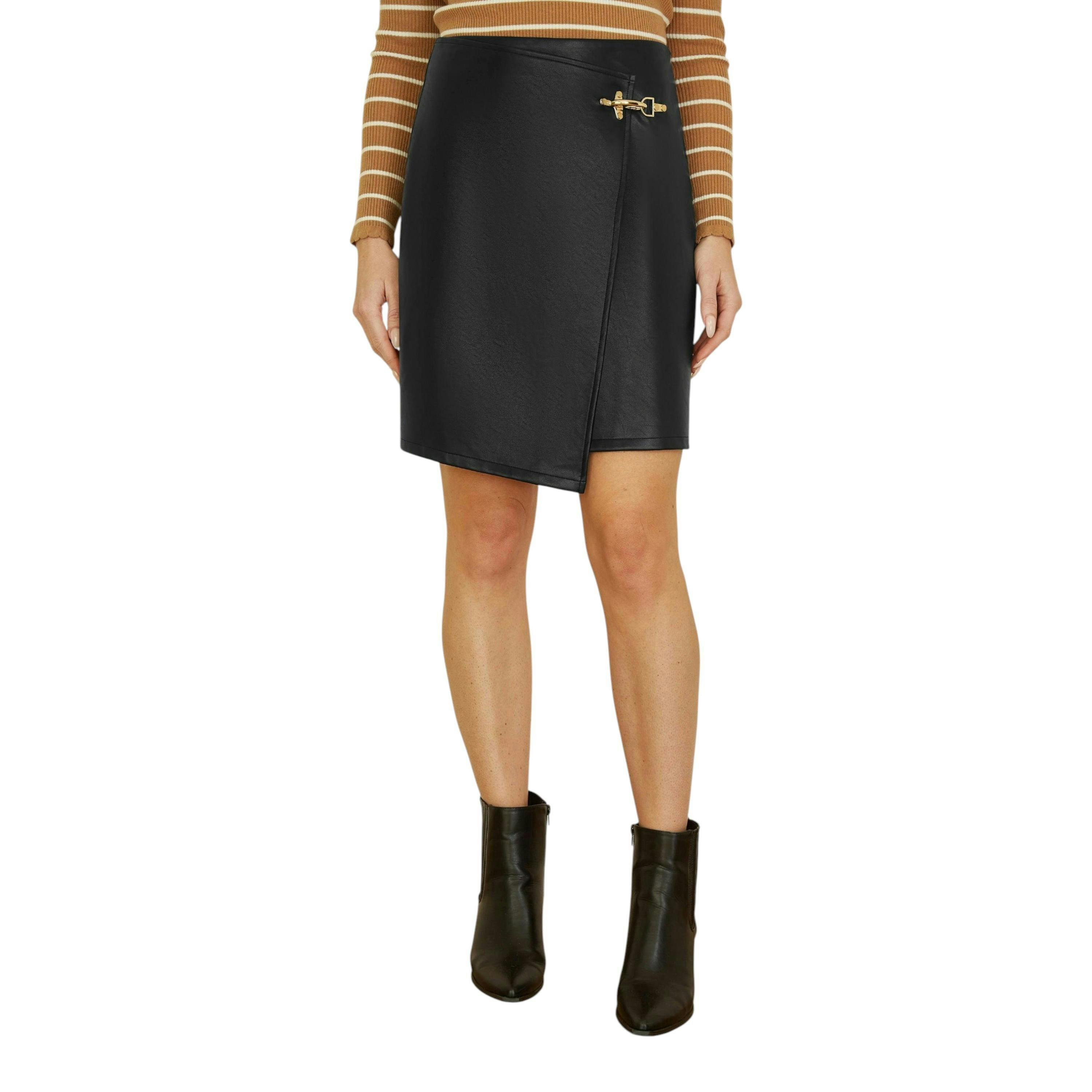 Yumi Black Faux Leather Wrap Mini Skirt , view 2 of 4