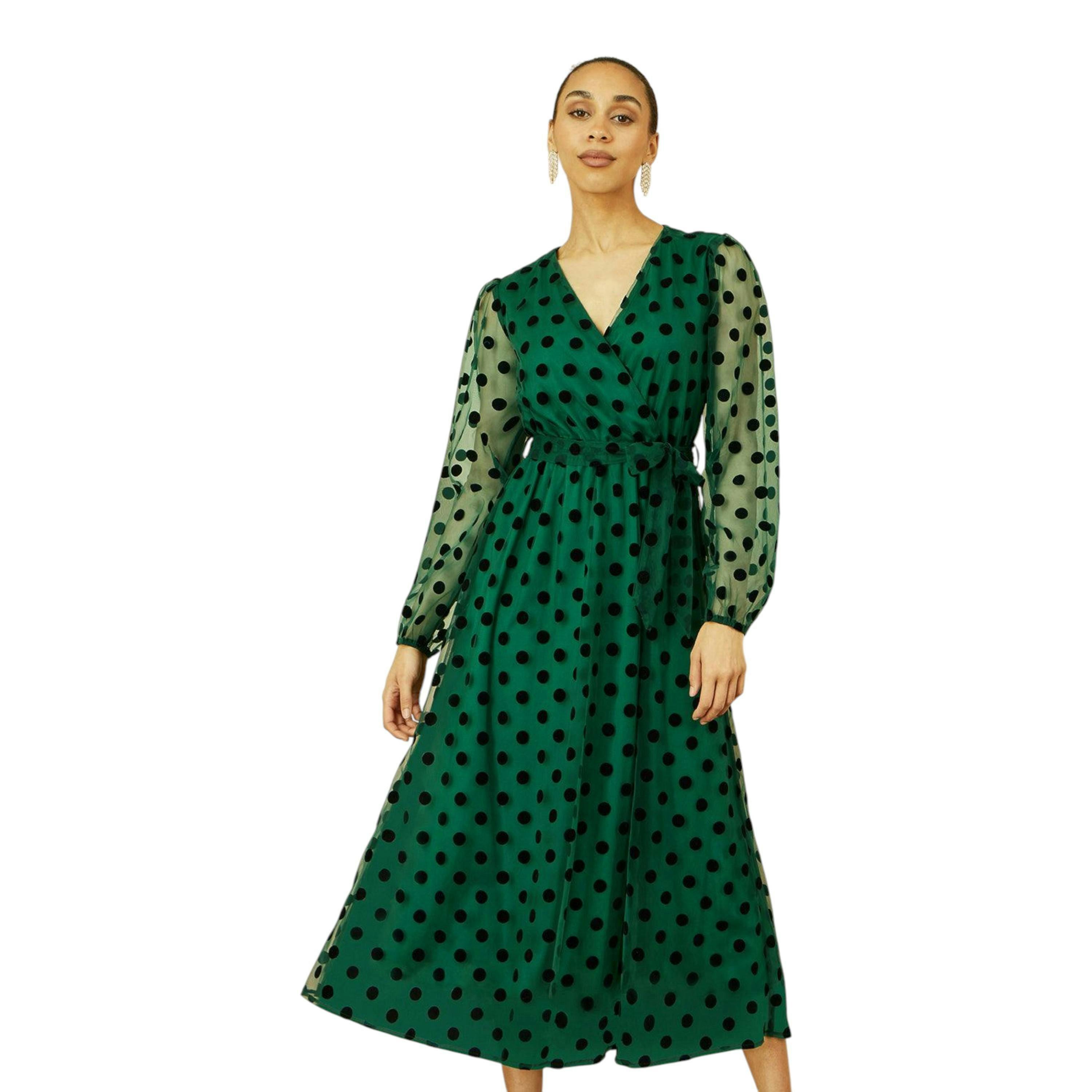 Yumi Green Spot Mesh Wrap Midi Skater Dress , view 1 of 5
