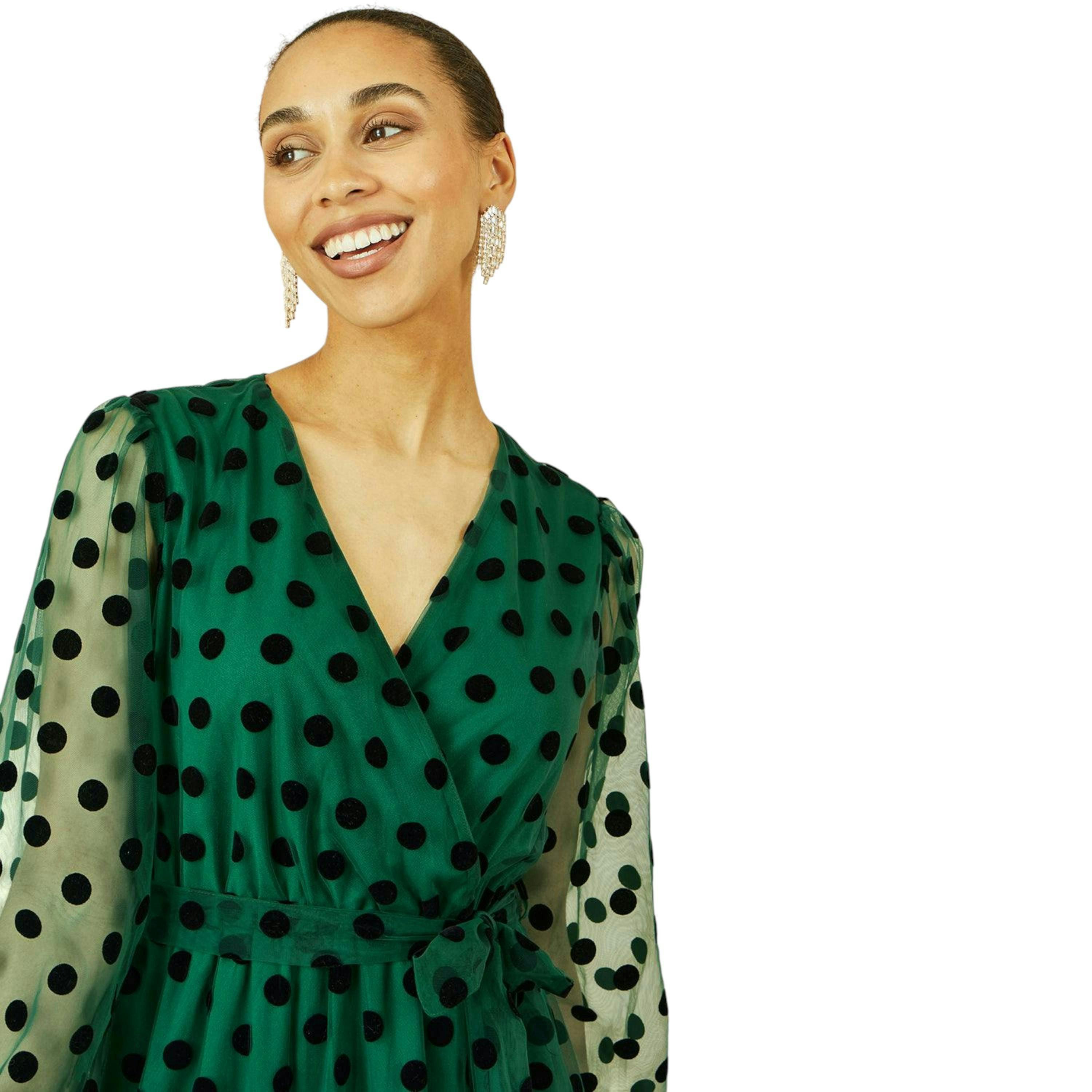 Yumi Green Spot Mesh Wrap Midi Skater Dress , view 2 of 5