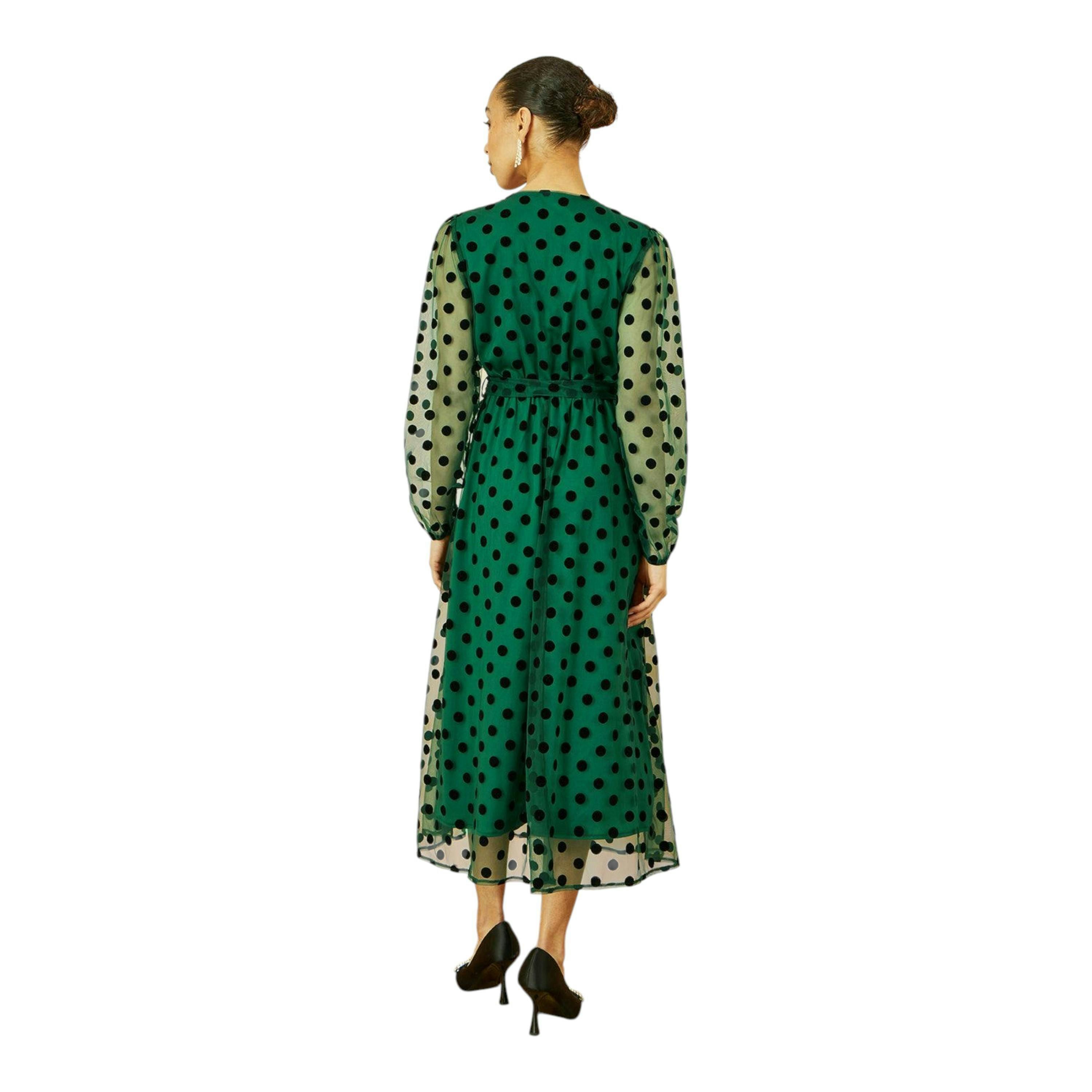 Yumi Green Spot Mesh Wrap Midi Skater Dress , view 3 of 5