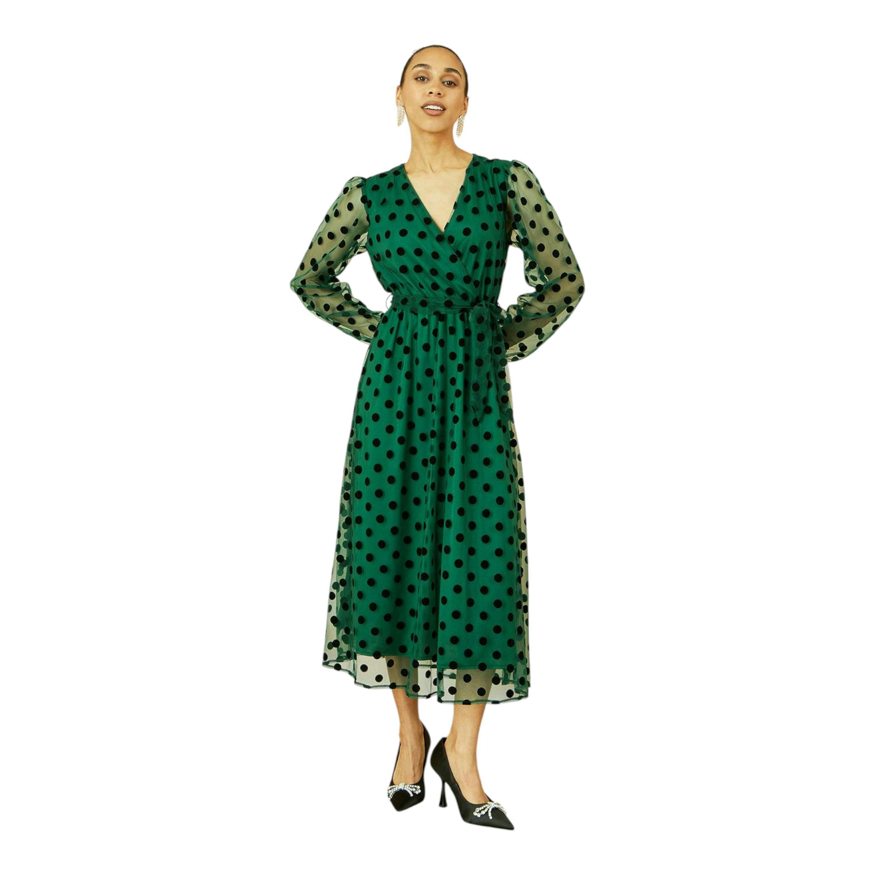 Yumi Green Spot Mesh Wrap Midi Skater Dress , view 4 of 5