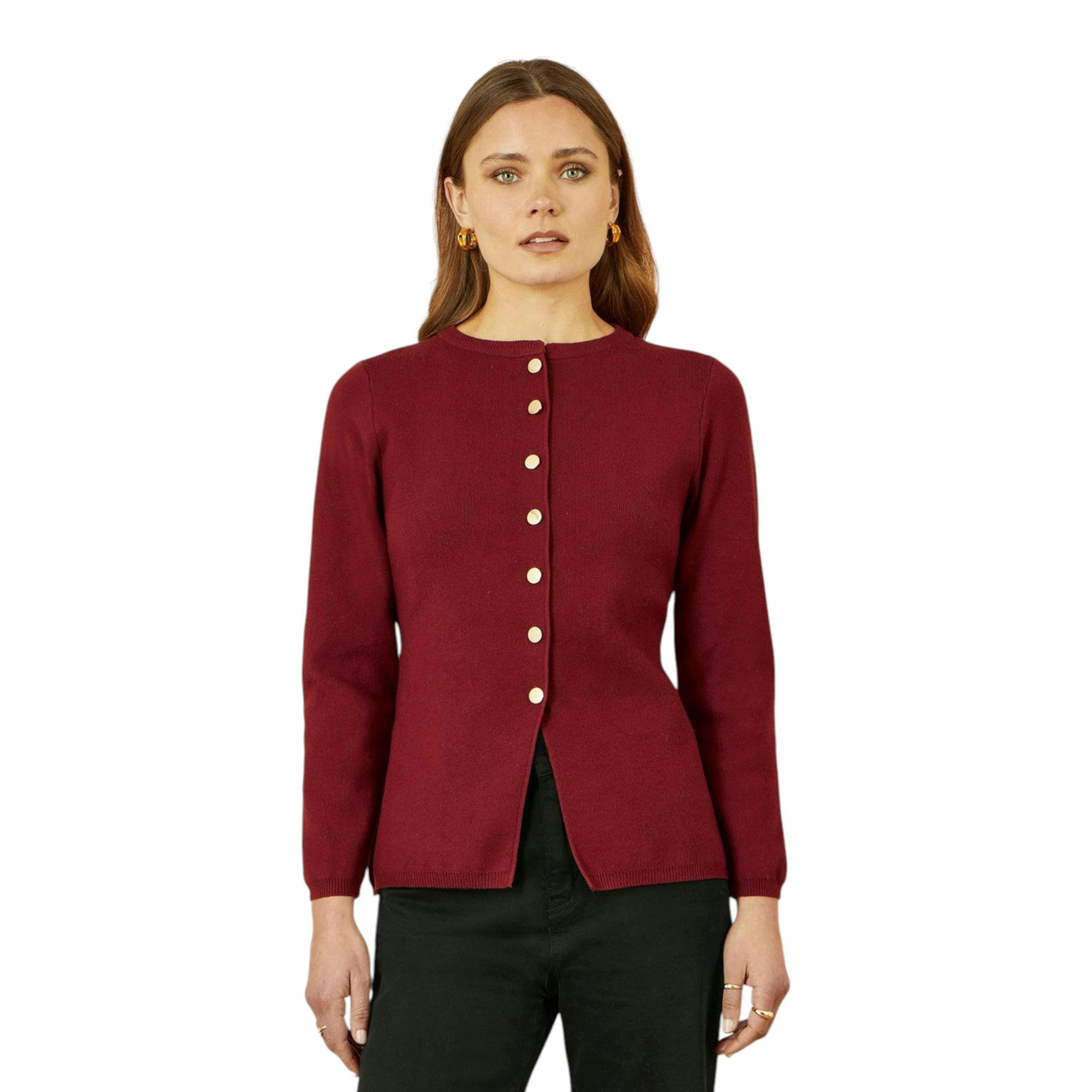 Yumi Burgundy Knitted Fitted Button Down Peplum Cardigan , view 1 of 5