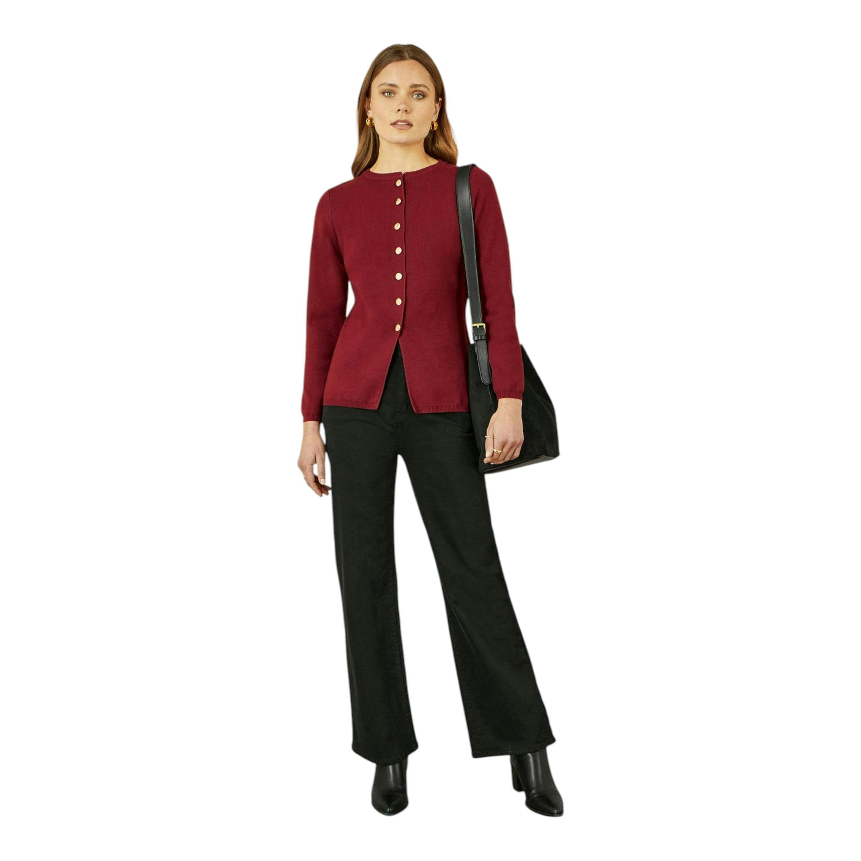 Yumi Burgundy Knitted Fitted Button Down Peplum Cardigan , view 2 of 5