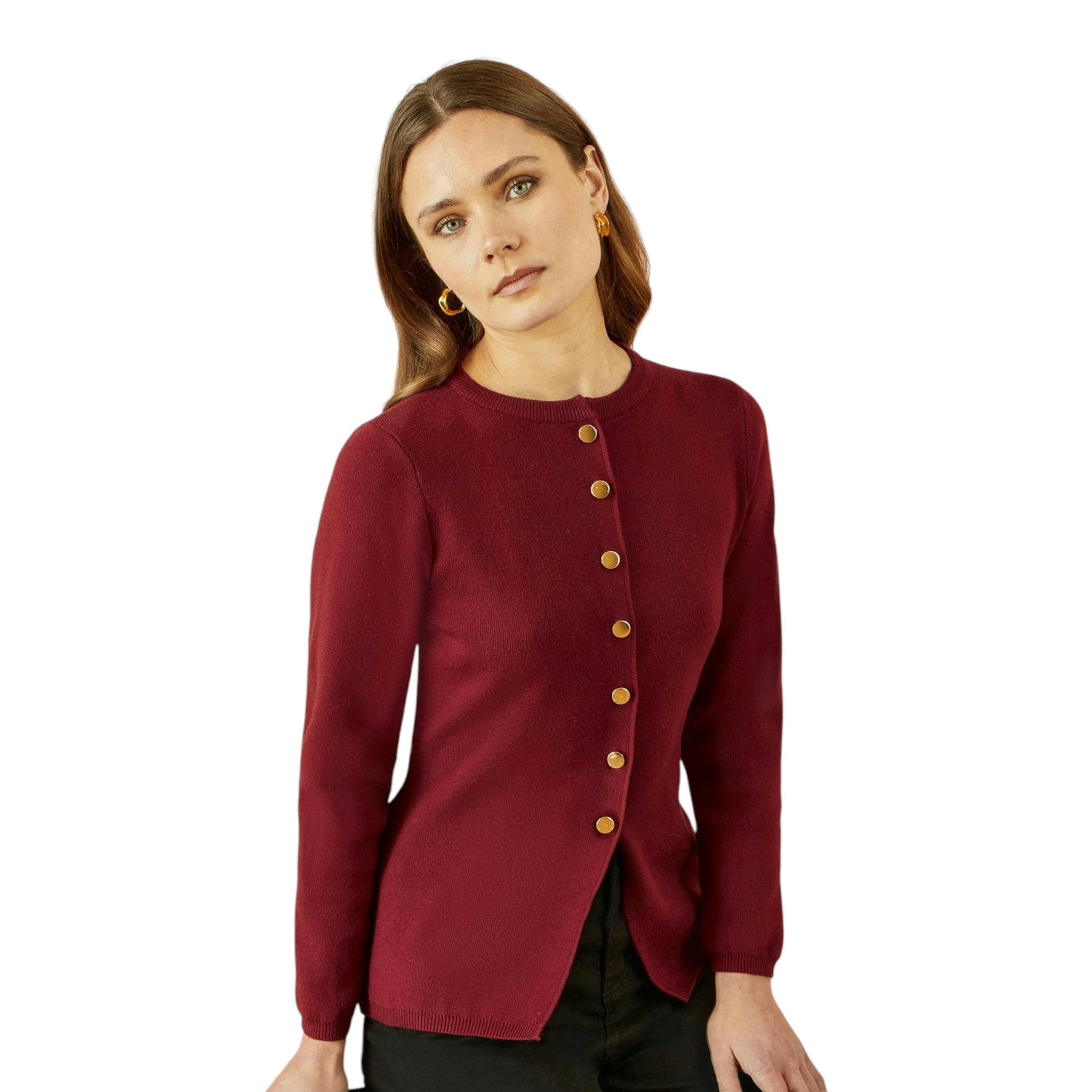 Yumi Burgundy Knitted Fitted Button Down Peplum Cardigan , view 4 of 5