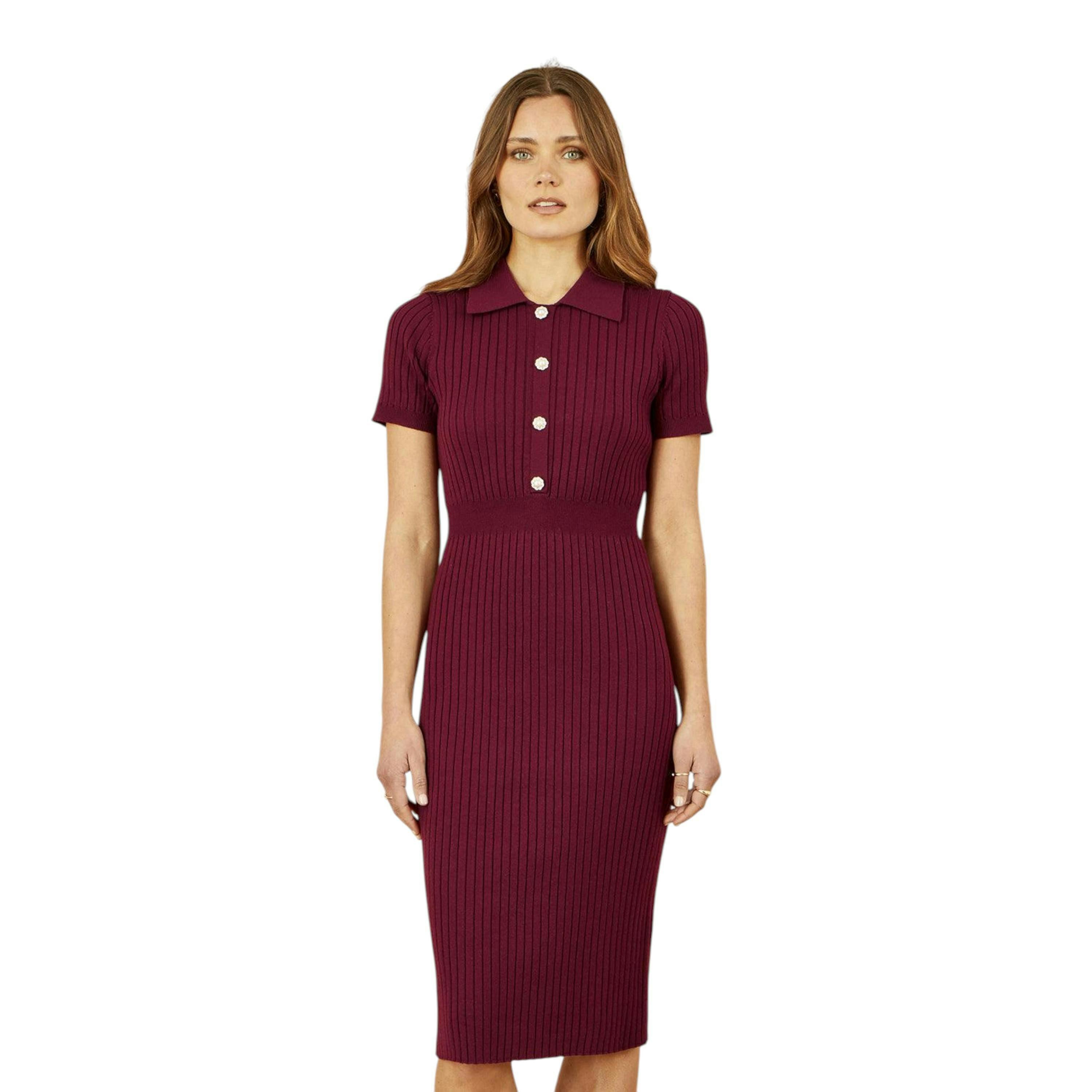 Yumi Burgundy Fitted Rib Knitted Midi Dress With Daisy Buttons , view 1 of 5