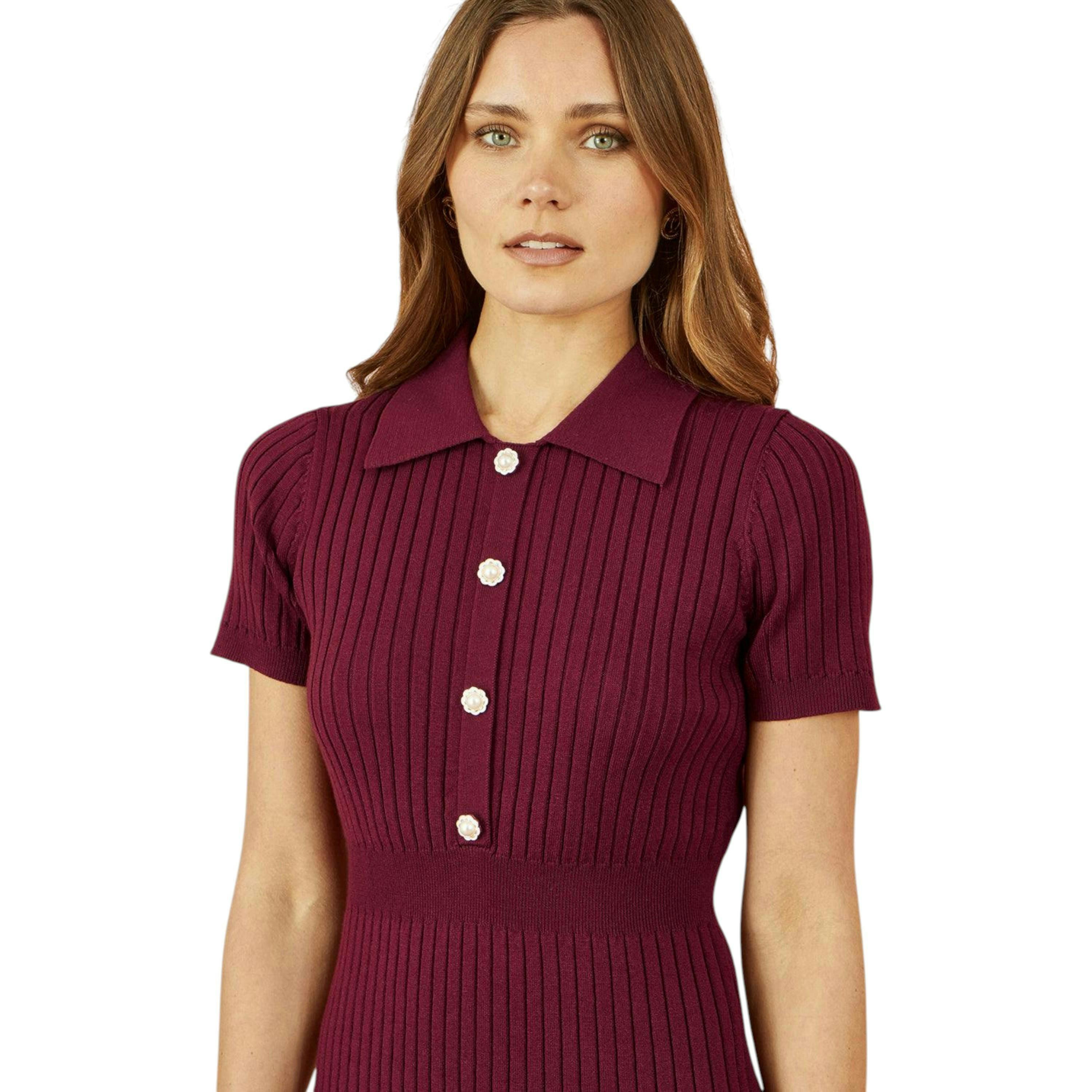 Yumi Burgundy Fitted Rib Knitted Midi Dress With Daisy Buttons , view 2 of 5