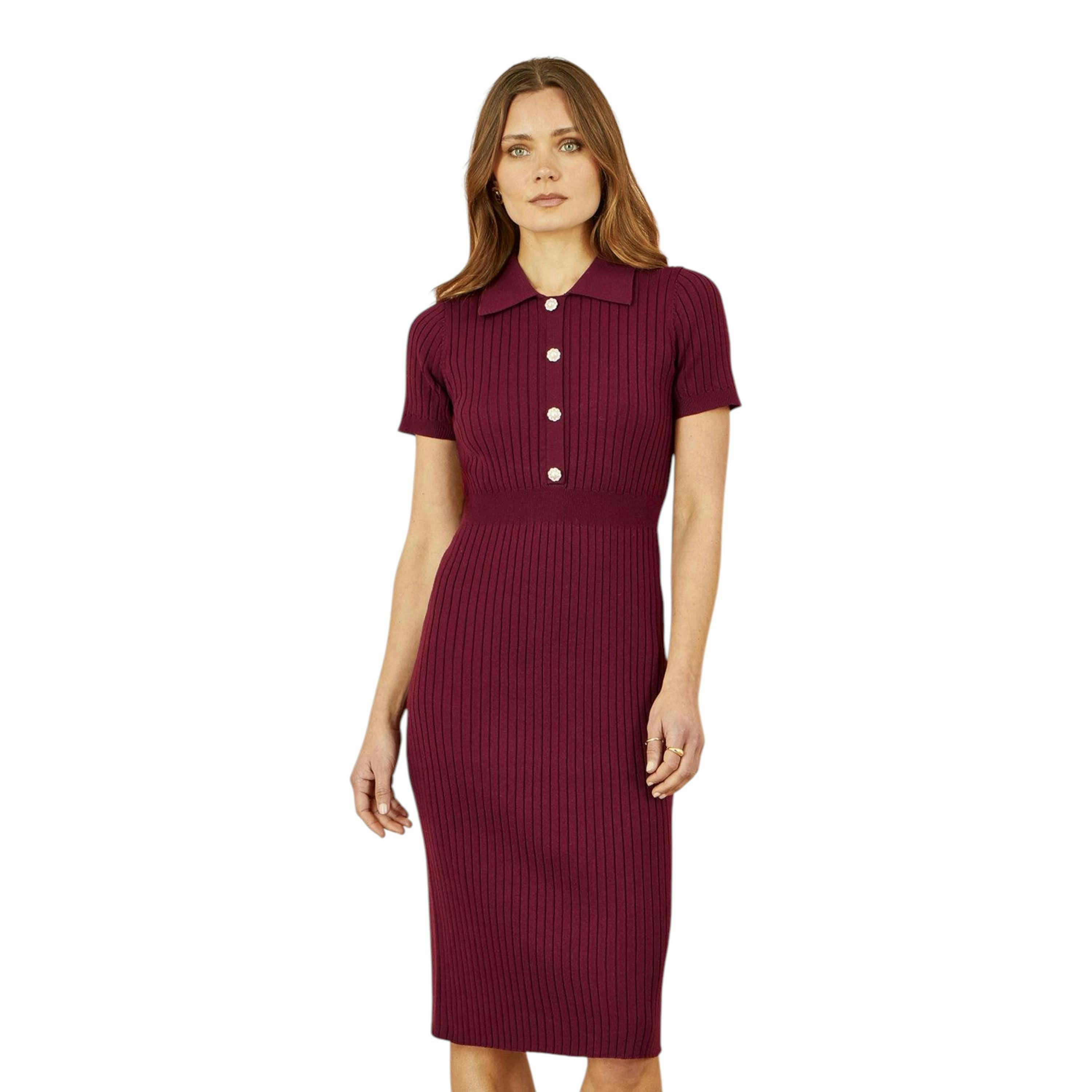 Yumi Burgundy Fitted Rib Knitted Midi Dress With Daisy Buttons , view 5 of 5