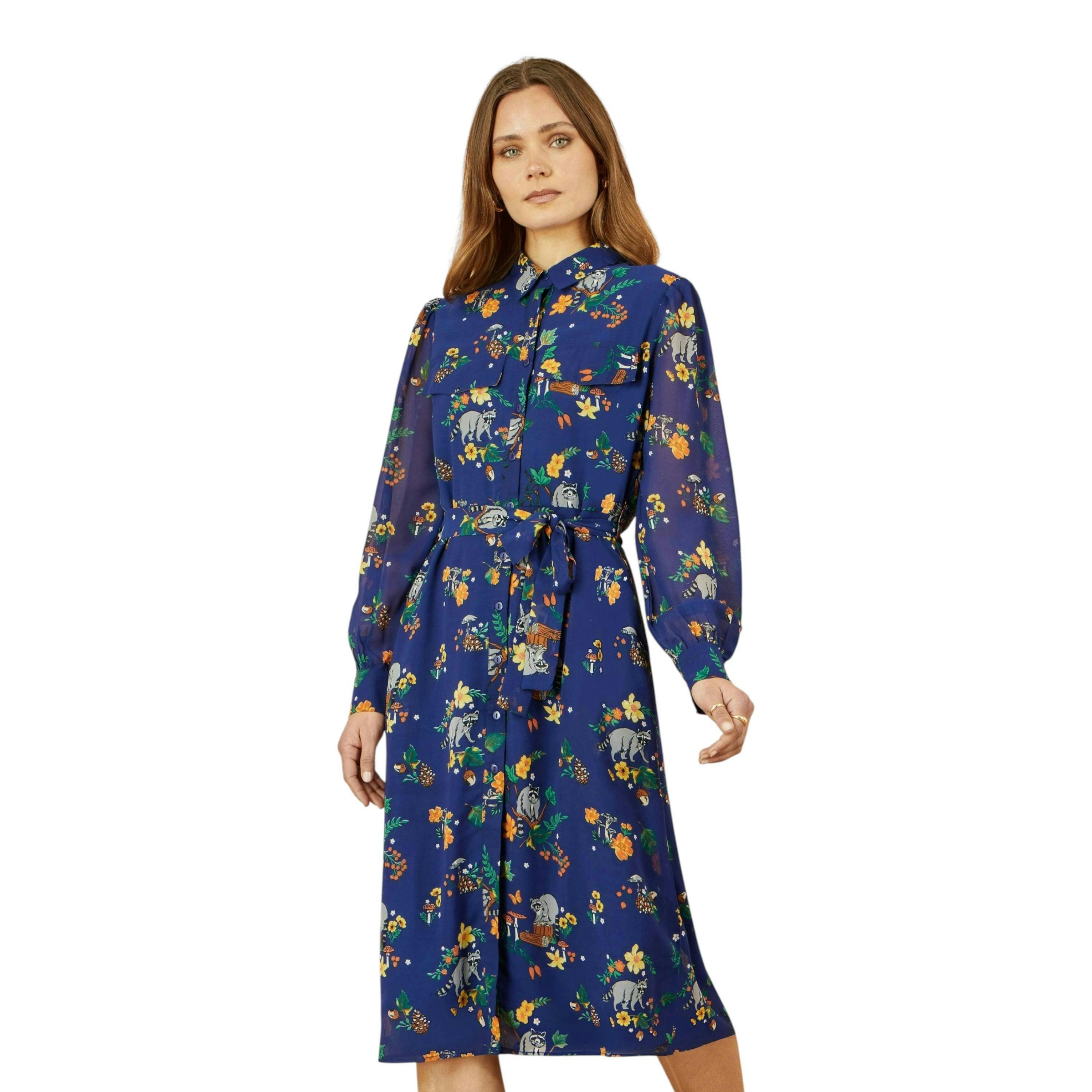 Yumi Recycled Navy Raccoon Print Shirt Midi Dress , view 1 of 6