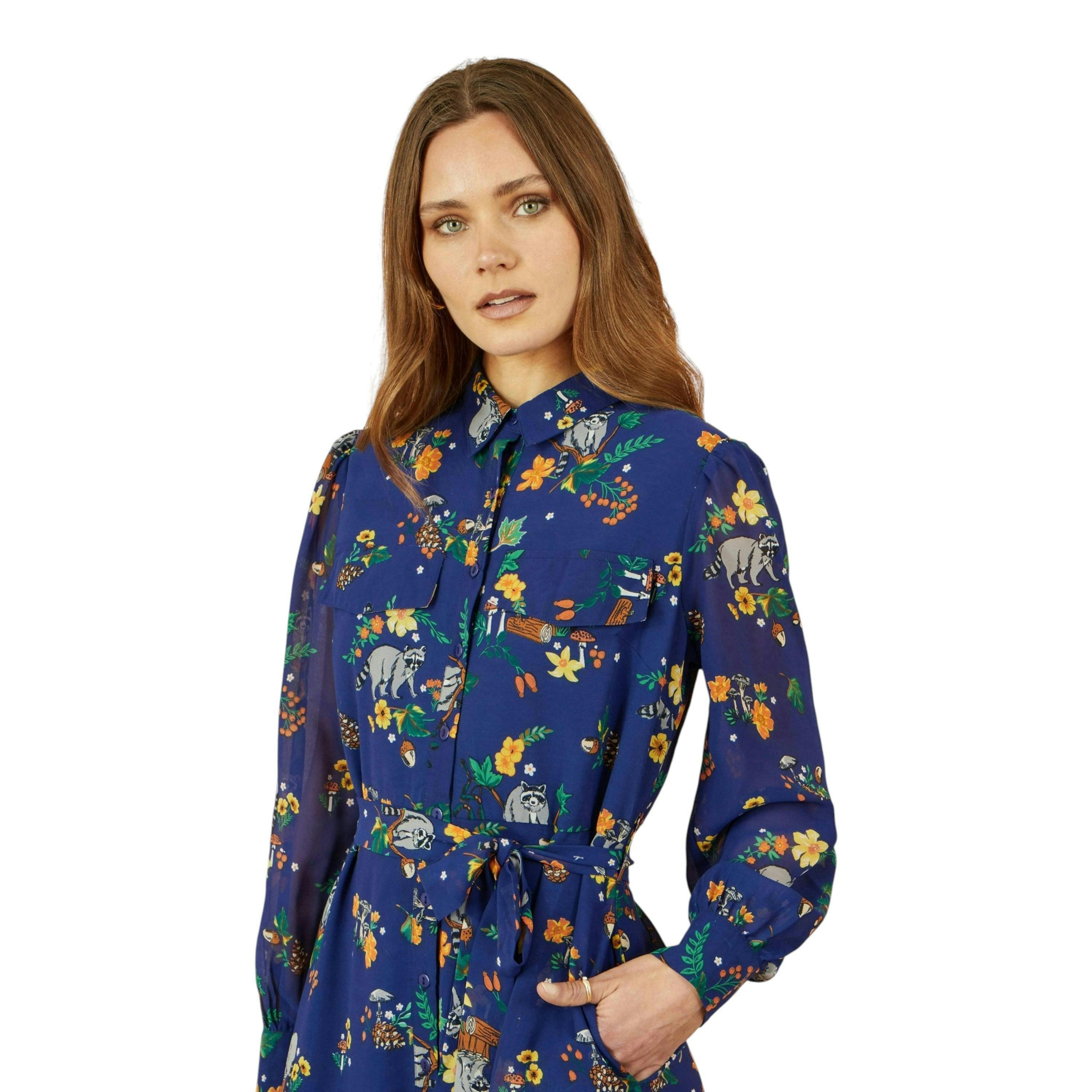 Yumi Recycled Navy Raccoon Print Shirt Midi Dress , view 2 of 6
