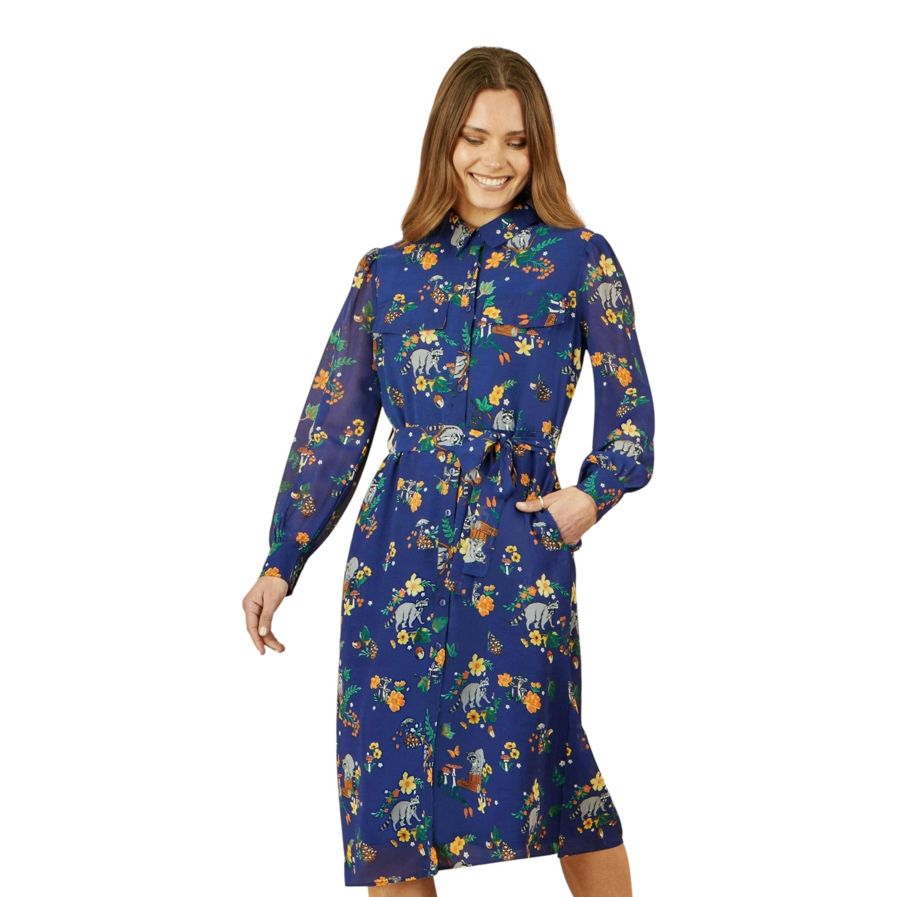Yumi Recycled Navy Raccoon Print Shirt Midi Dress , view 3 of 6