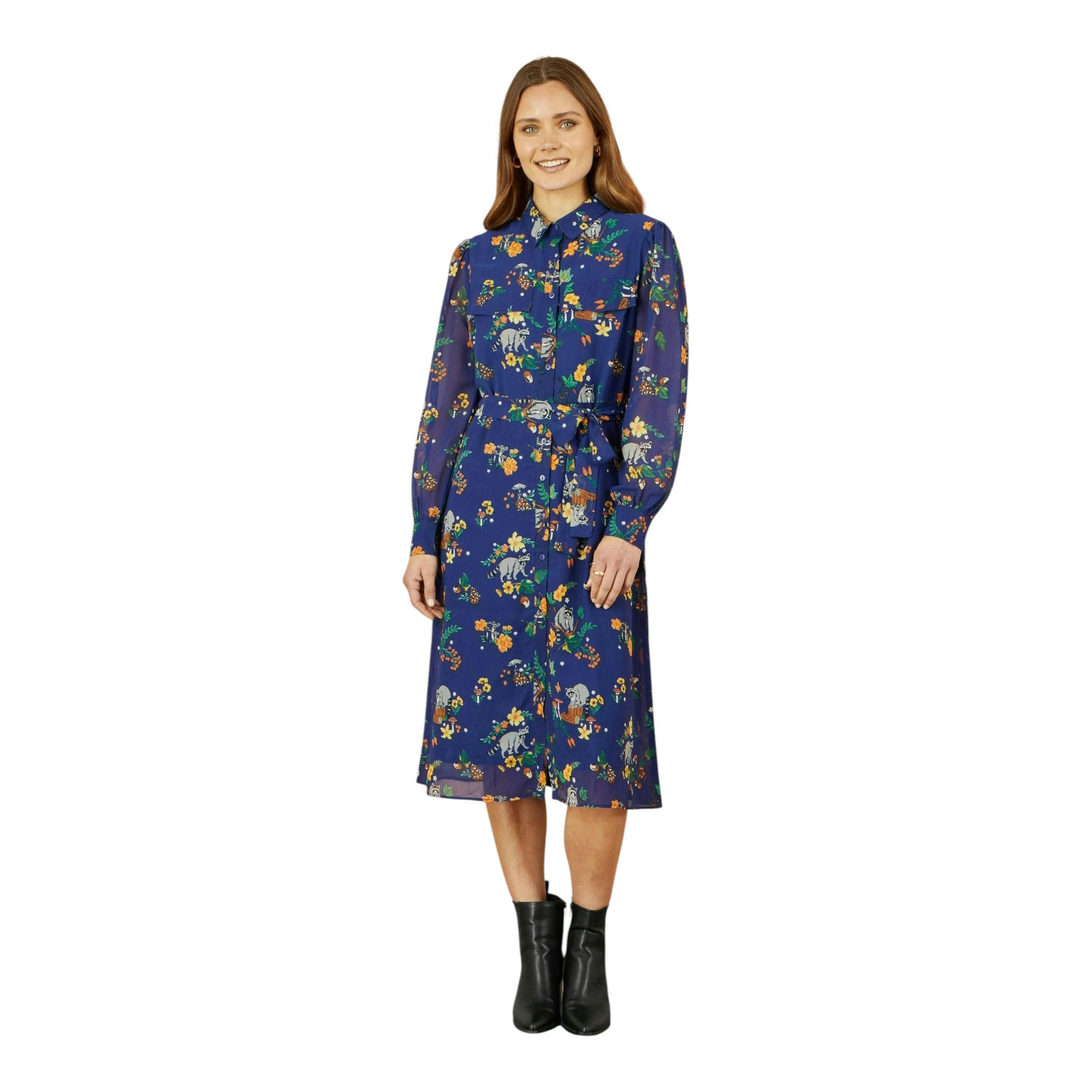 Yumi Recycled Navy Raccoon Print Shirt Midi Dress , view 4 of 6