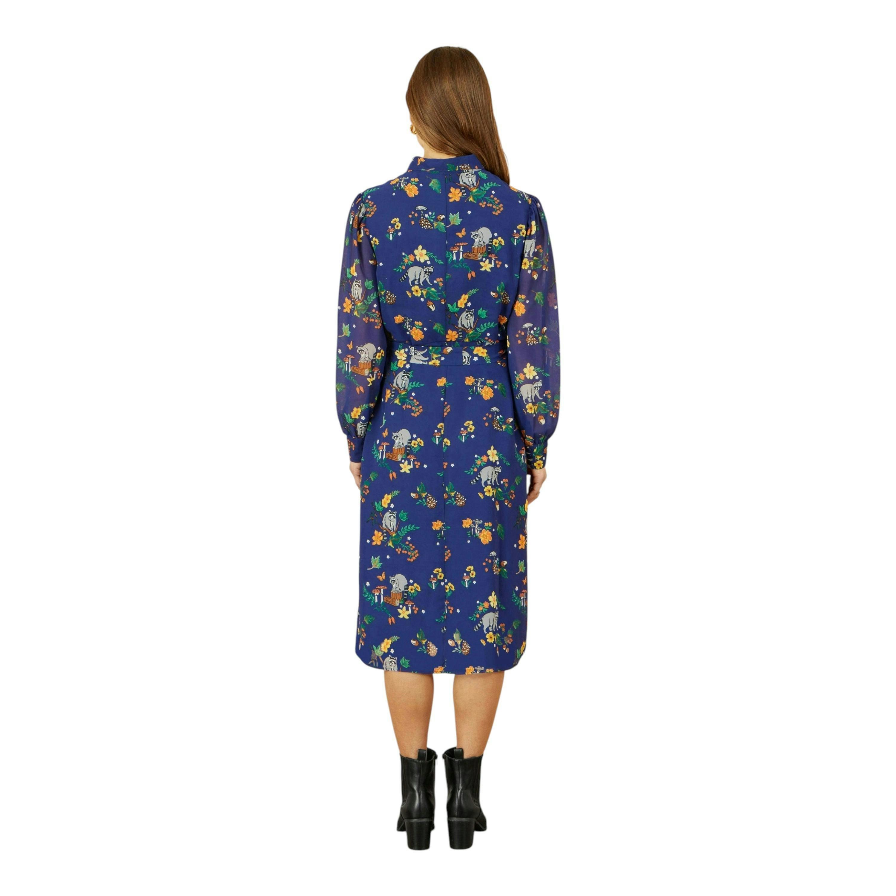 Yumi Recycled Navy Raccoon Print Shirt Midi Dress , view 5 of 6