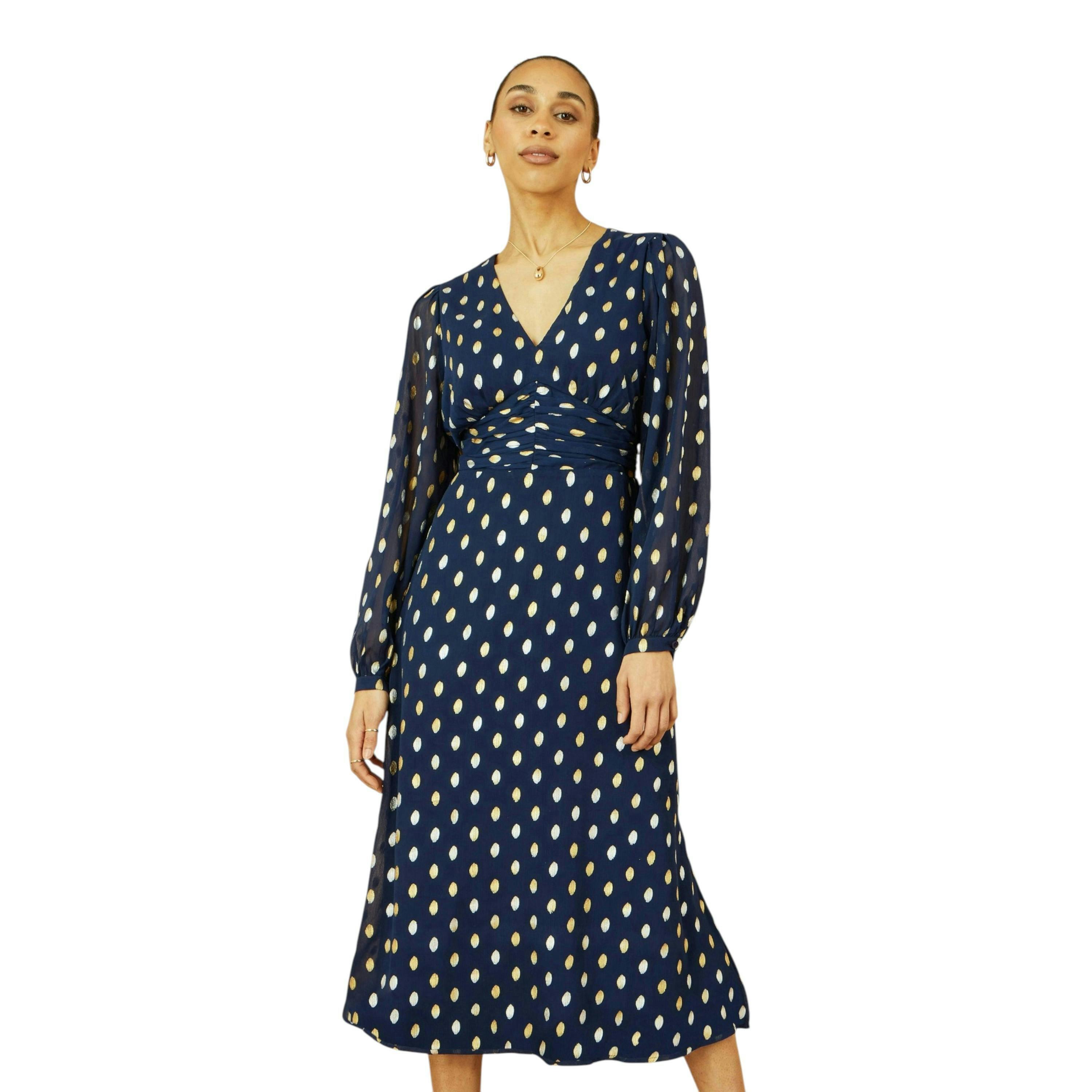 Yumi Navy Foil Print Midi Dress , view 1 of 6