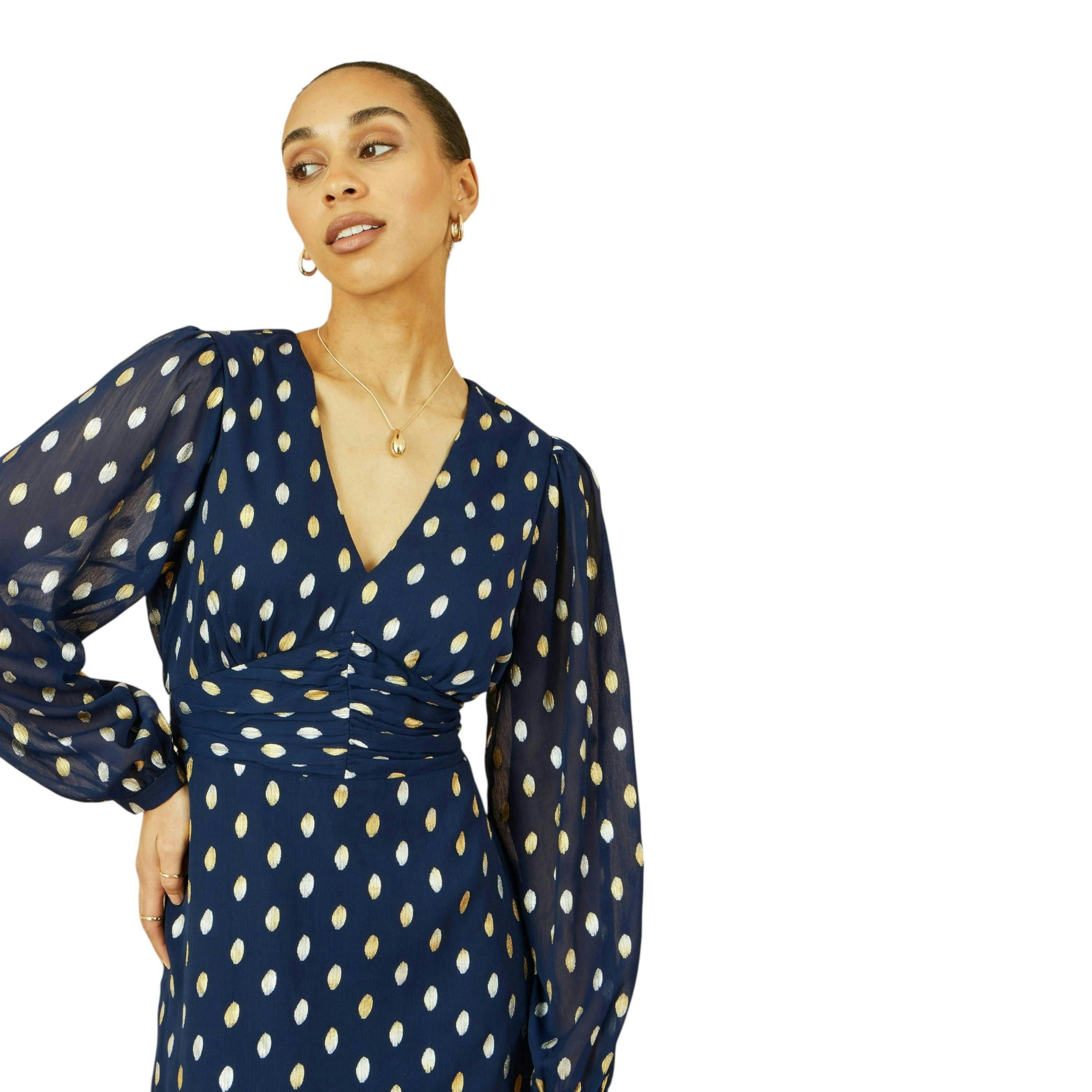 Yumi Navy Foil Print Midi Dress , view 2 of 6