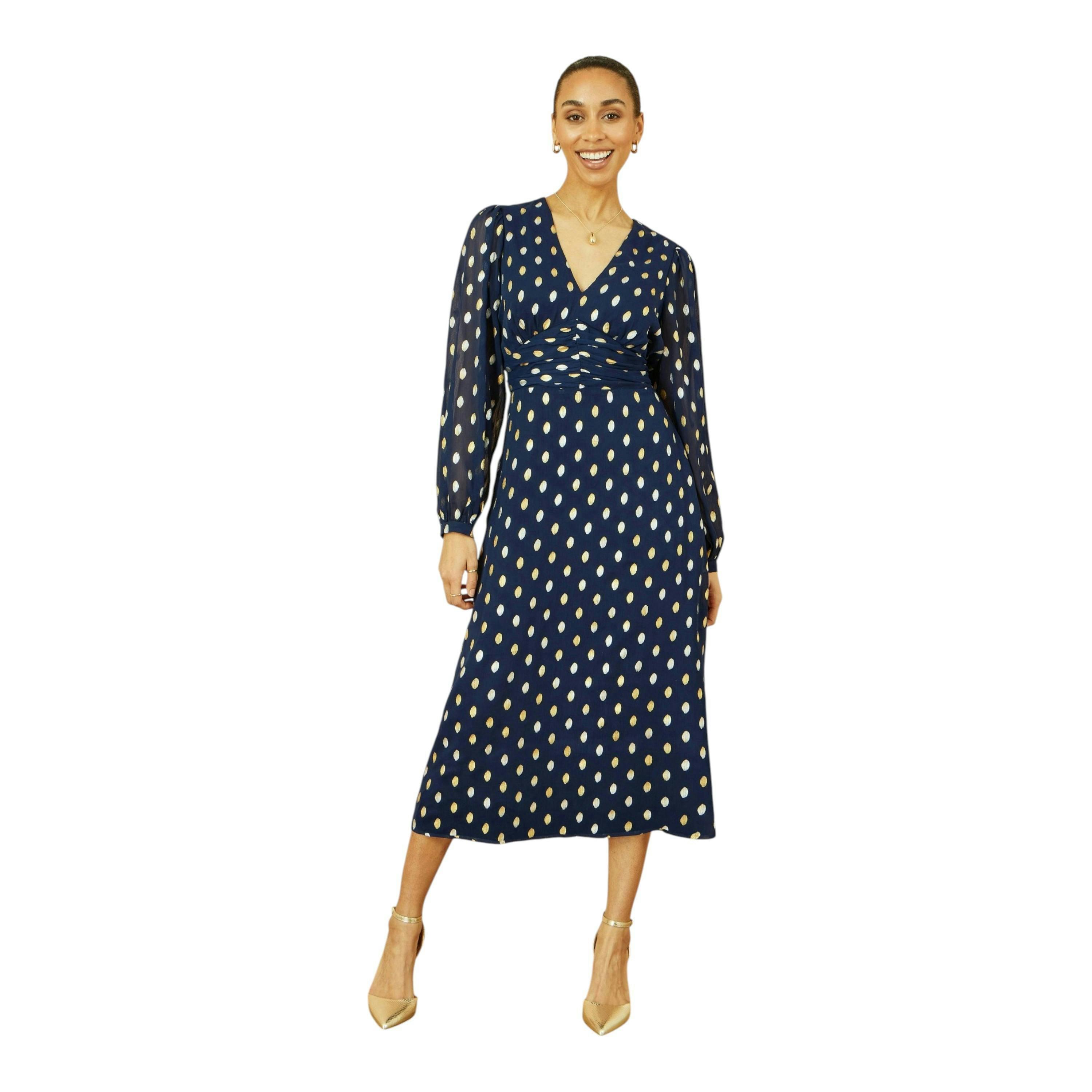 Yumi Navy Foil Print Midi Dress , view 3 of 6