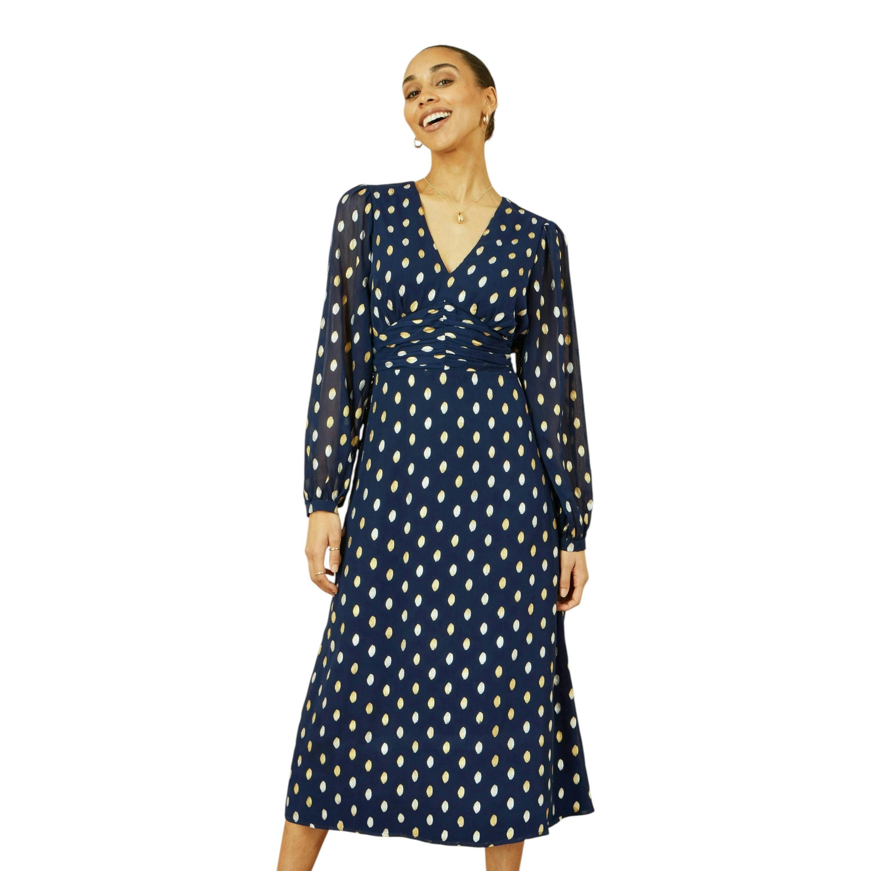 Yumi Navy Foil Print Midi Dress , view 5 of 6