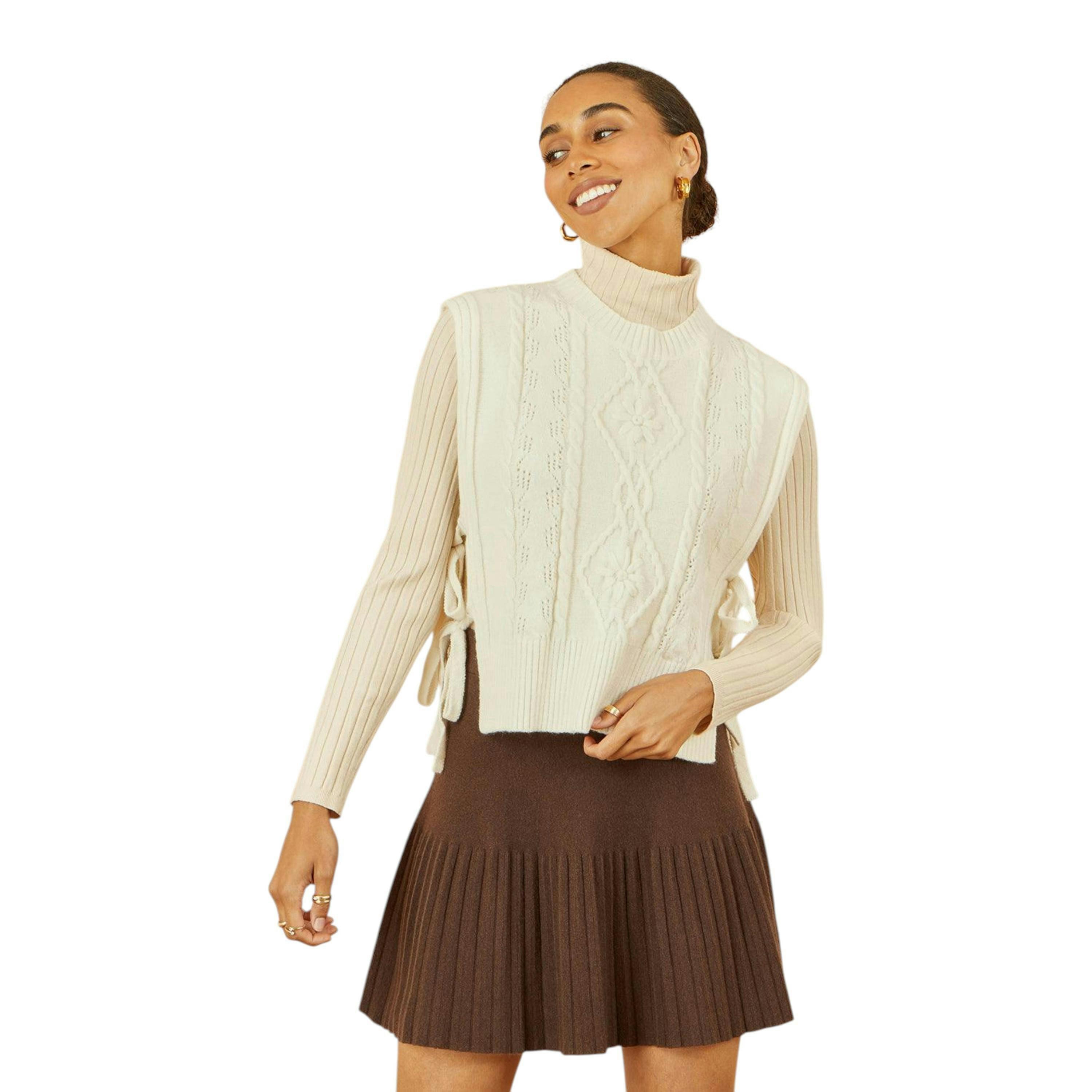 Yumi Ivory Flower Cable Knit Tie Side Pullover , view 1 of 5