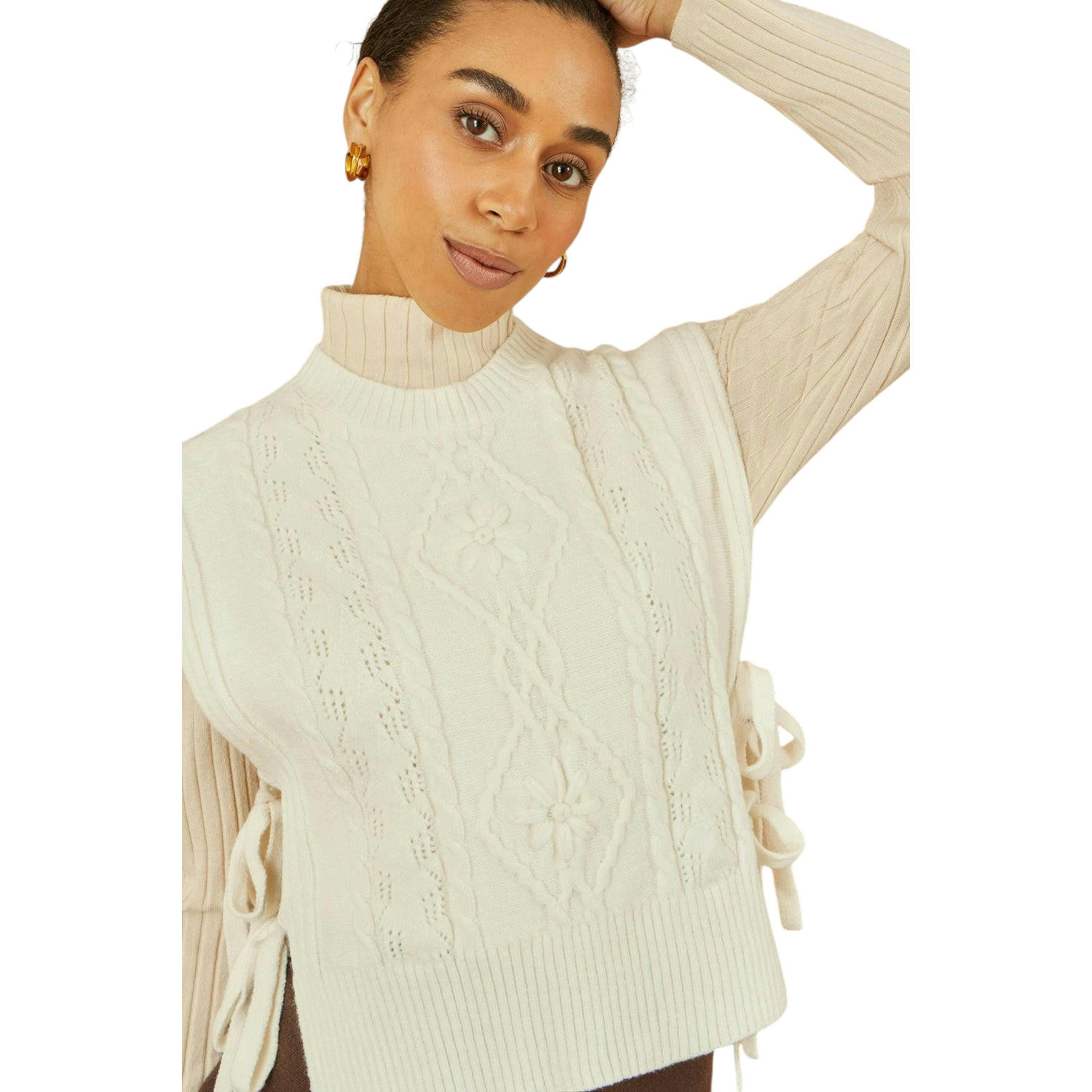 Yumi Ivory Flower Cable Knit Tie Side Pullover , view 2 of 5