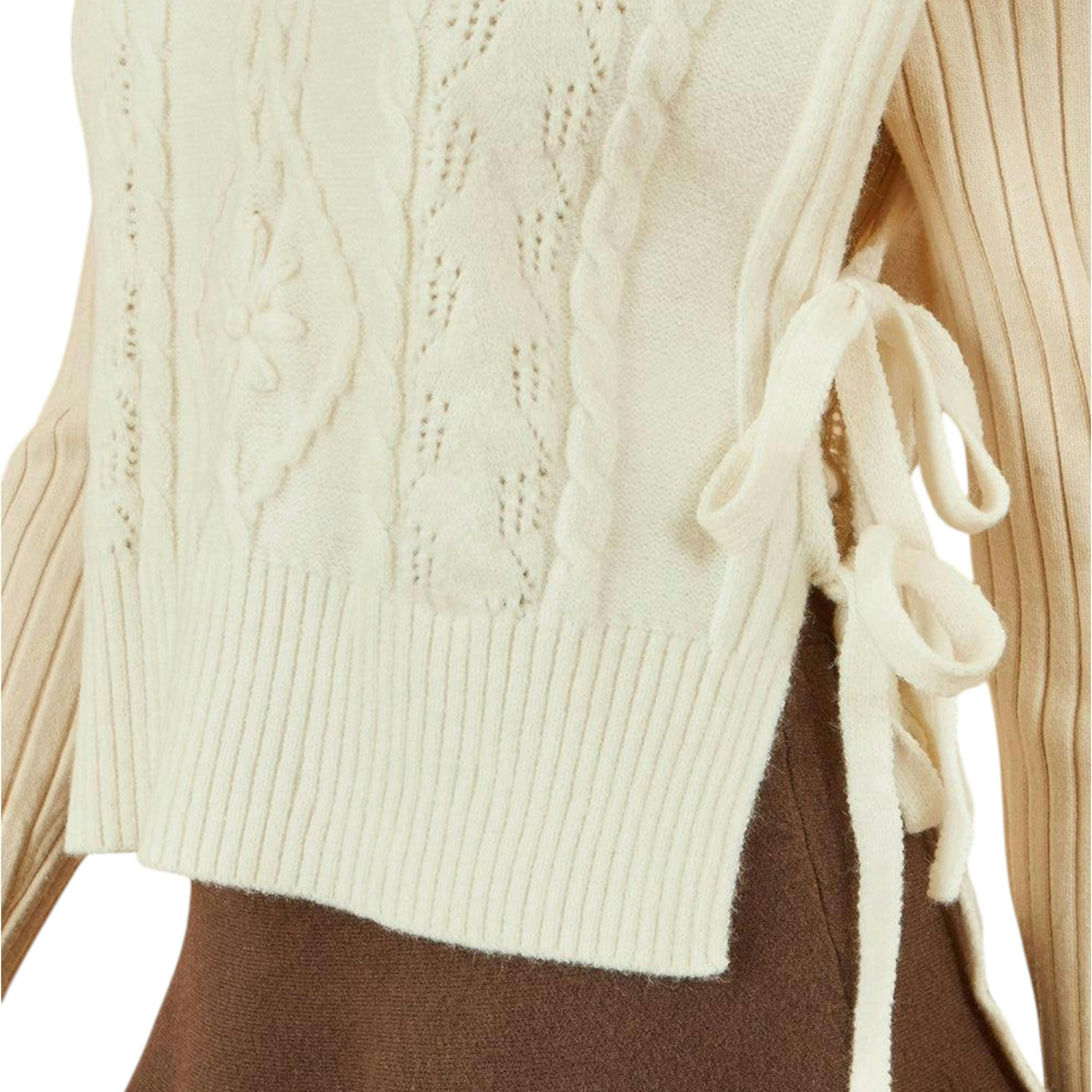 Yumi Ivory Flower Cable Knit Tie Side Pullover , view 3 of 5