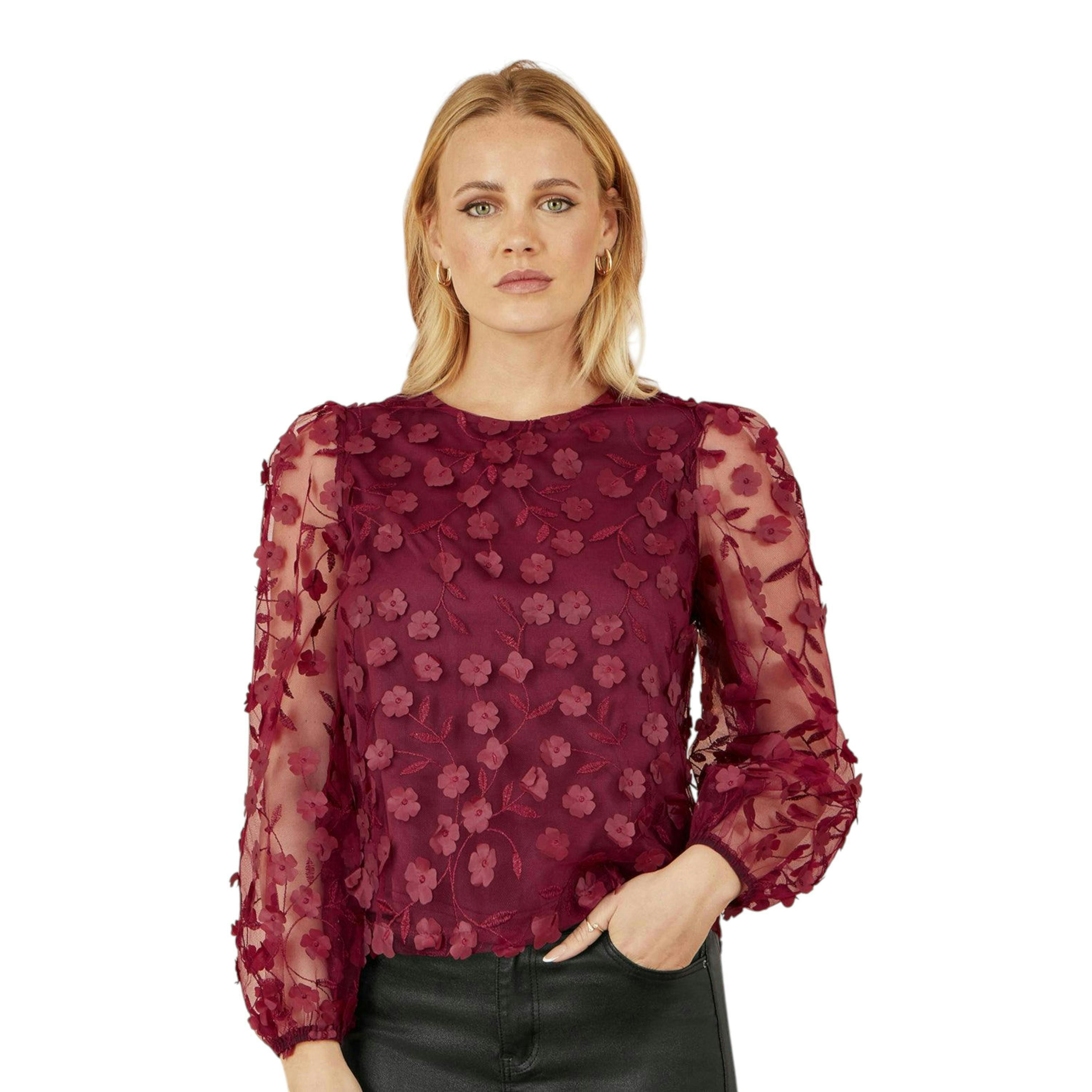 Yumi Burgundy Sheer Sleeve Applique Flower Top , view 1 of 6