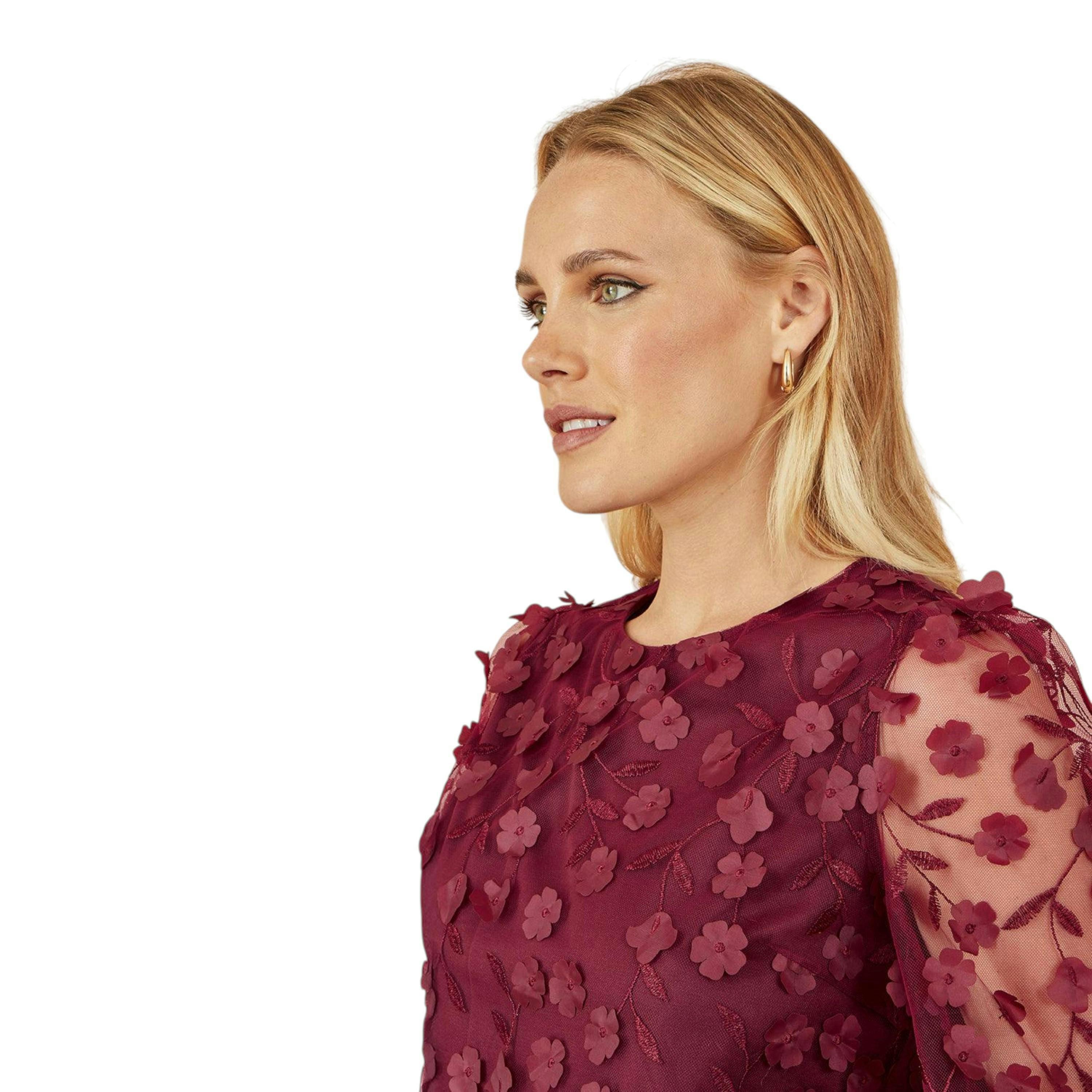 Yumi Burgundy Sheer Sleeve Applique Flower Top , view 2 of 6