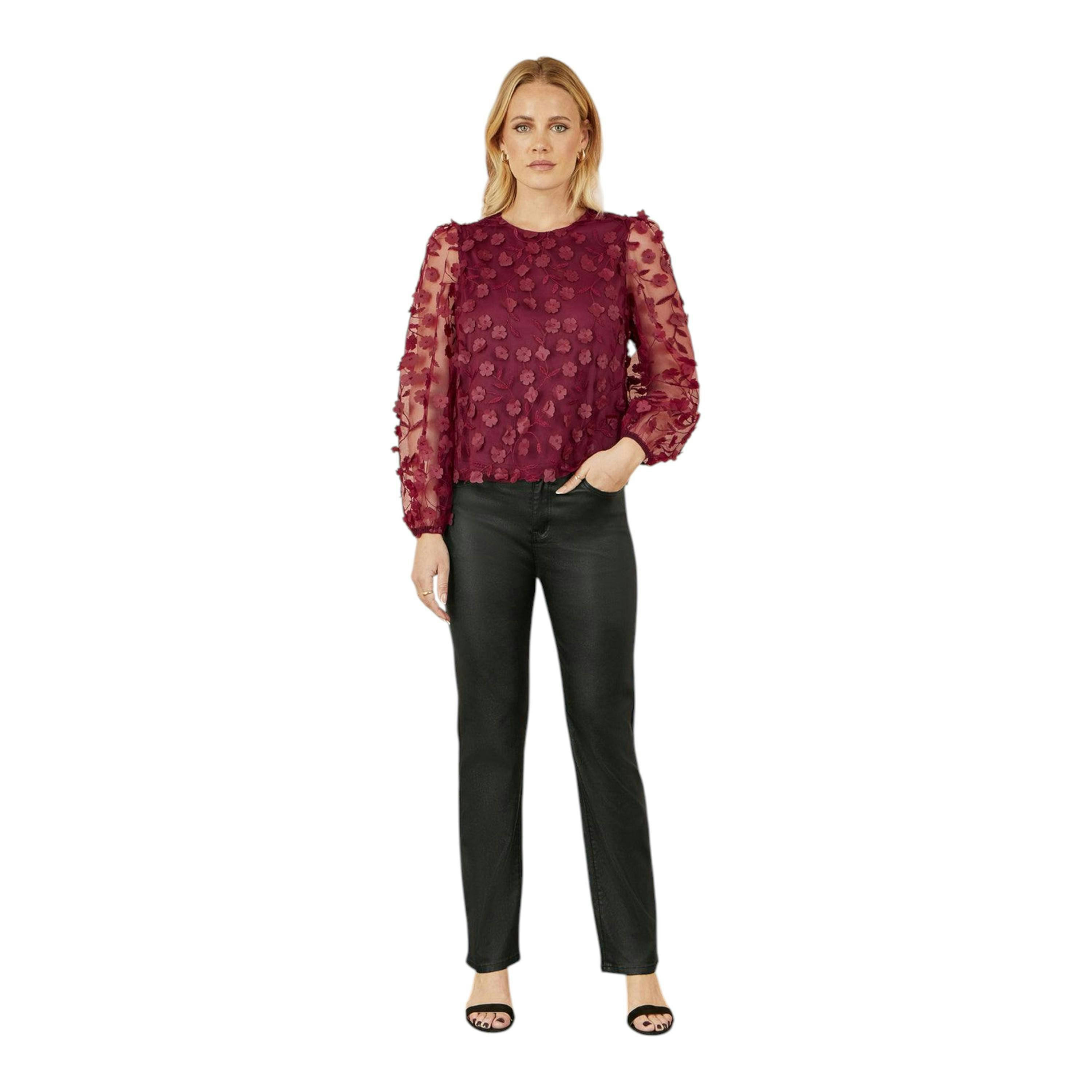 Yumi Burgundy Sheer Sleeve Applique Flower Top , view 3 of 6