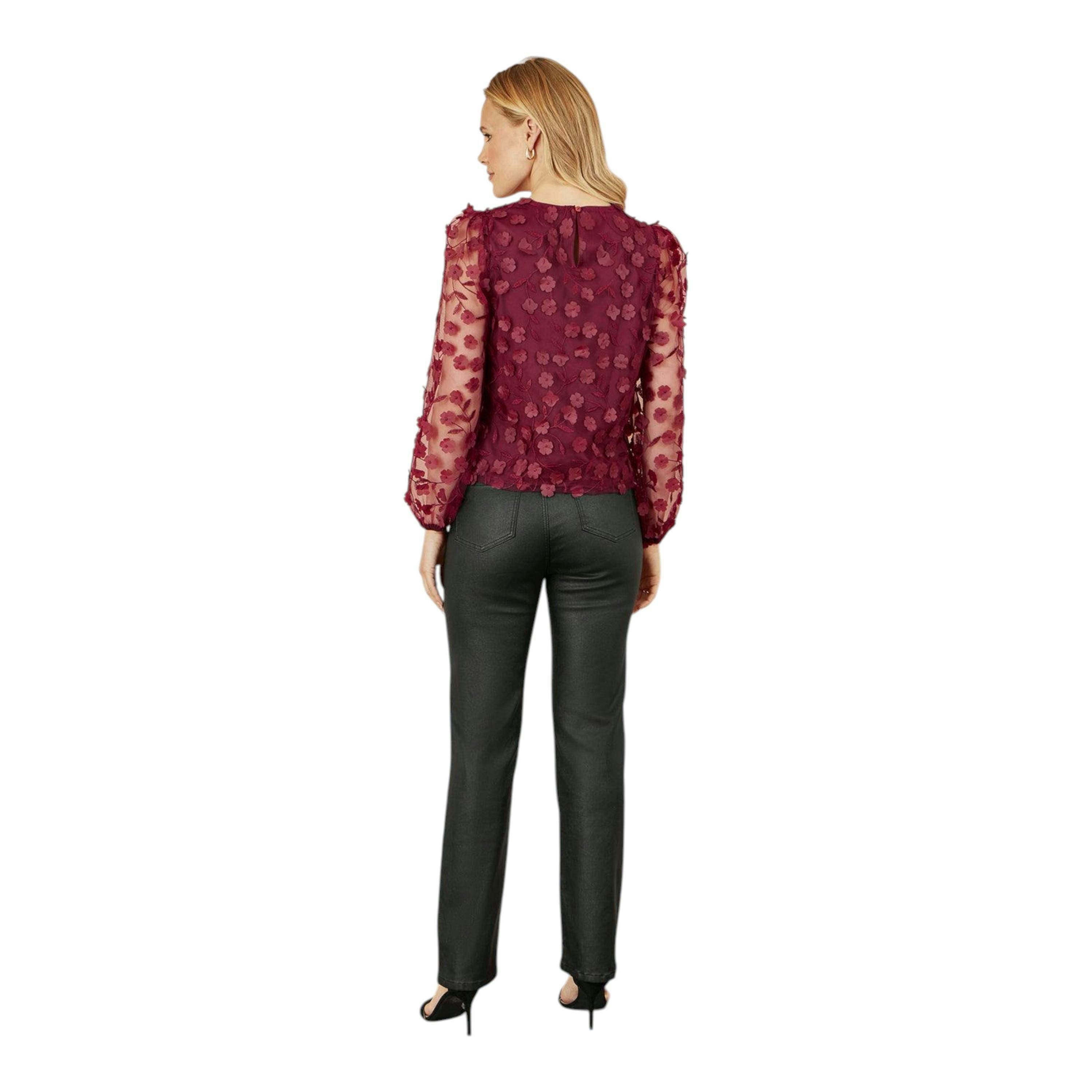 Yumi Burgundy Sheer Sleeve Applique Flower Top , view 4 of 6