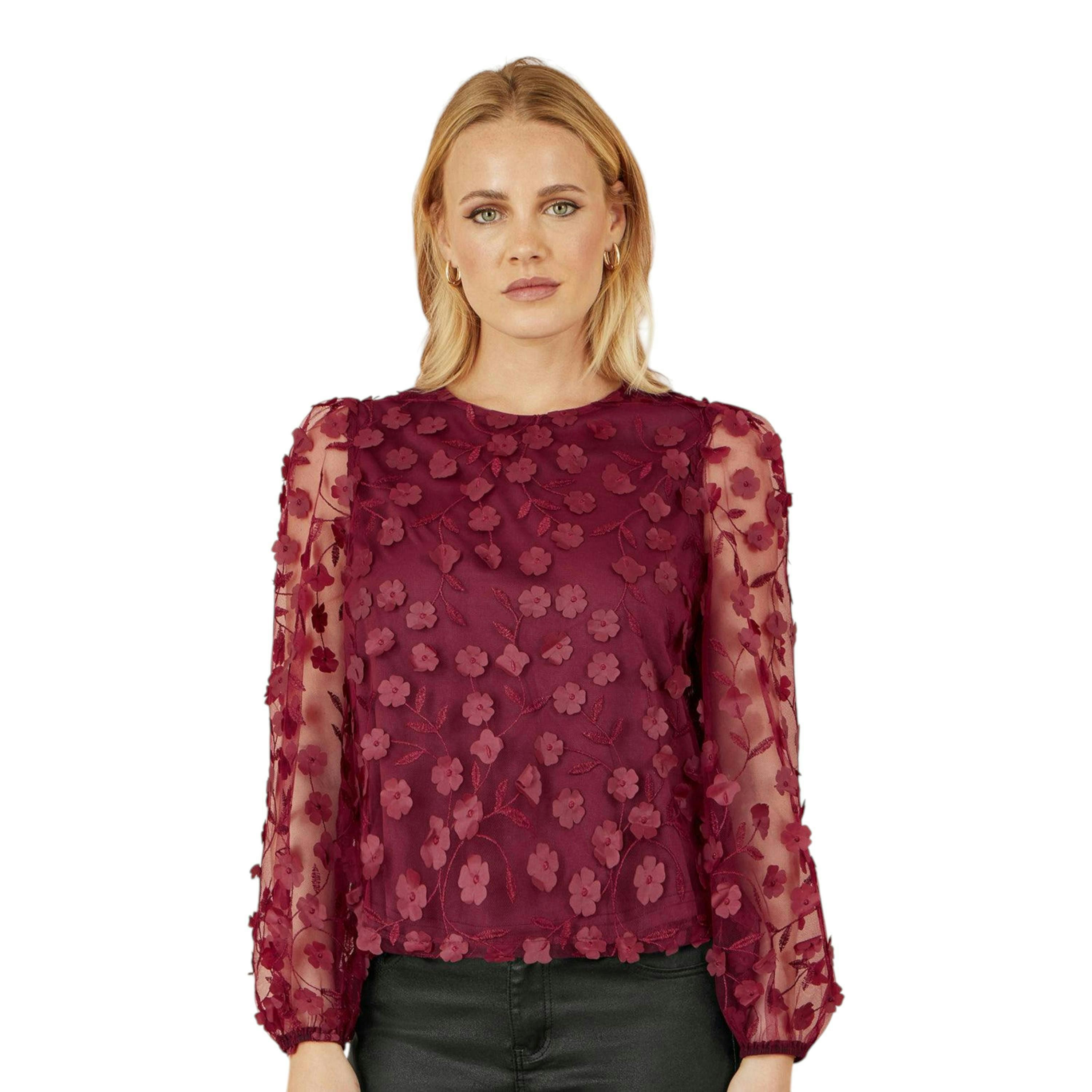 Yumi Burgundy Sheer Sleeve Applique Flower Top , view 5 of 6
