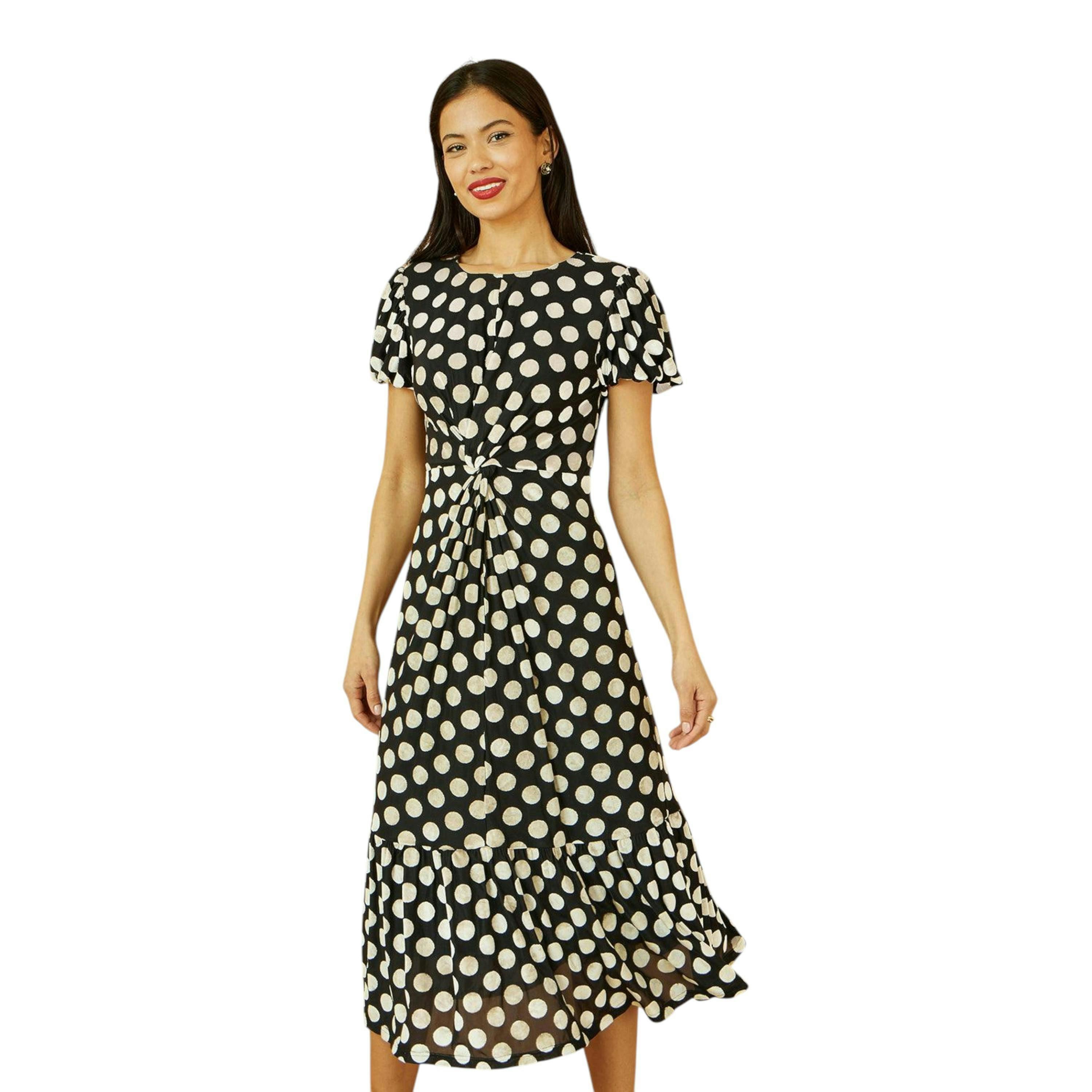 Yumi Black Velvet Spot Print Twist Knot Waist Midi Dress , view 1 of 6