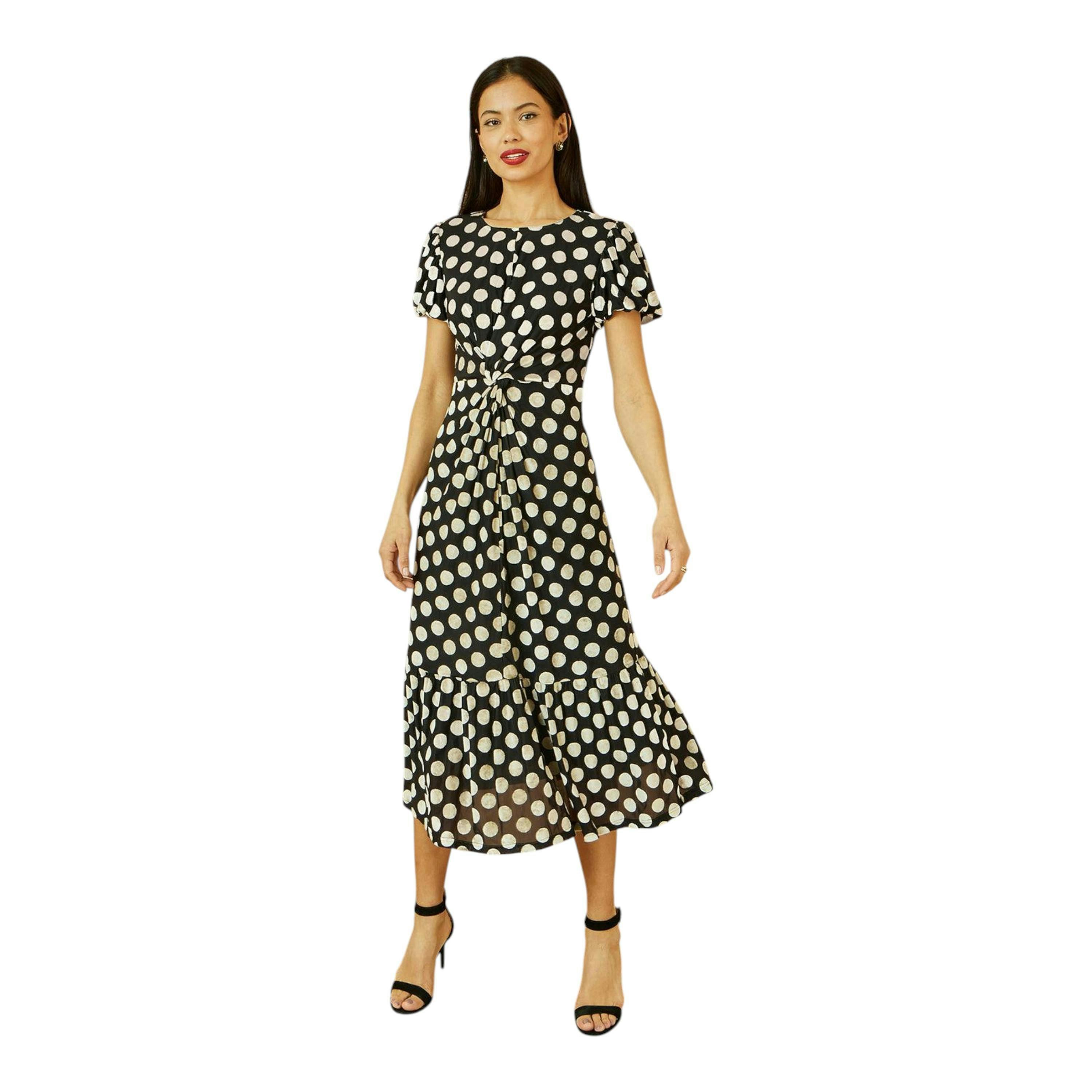 Yumi Black Velvet Spot Print Twist Knot Waist Midi Dress , view 2 of 6