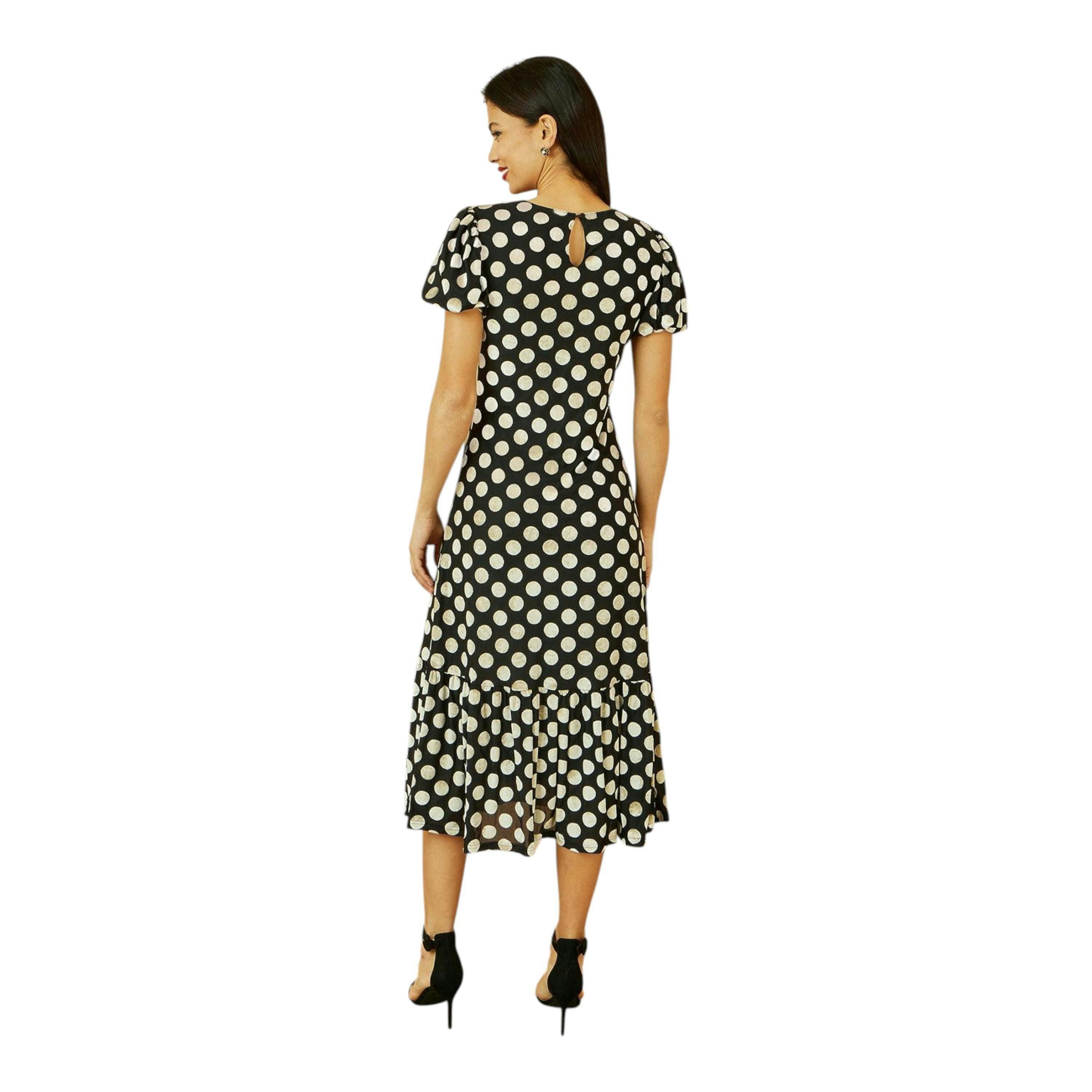 Yumi Black Velvet Spot Print Twist Knot Waist Midi Dress , view 3 of 6
