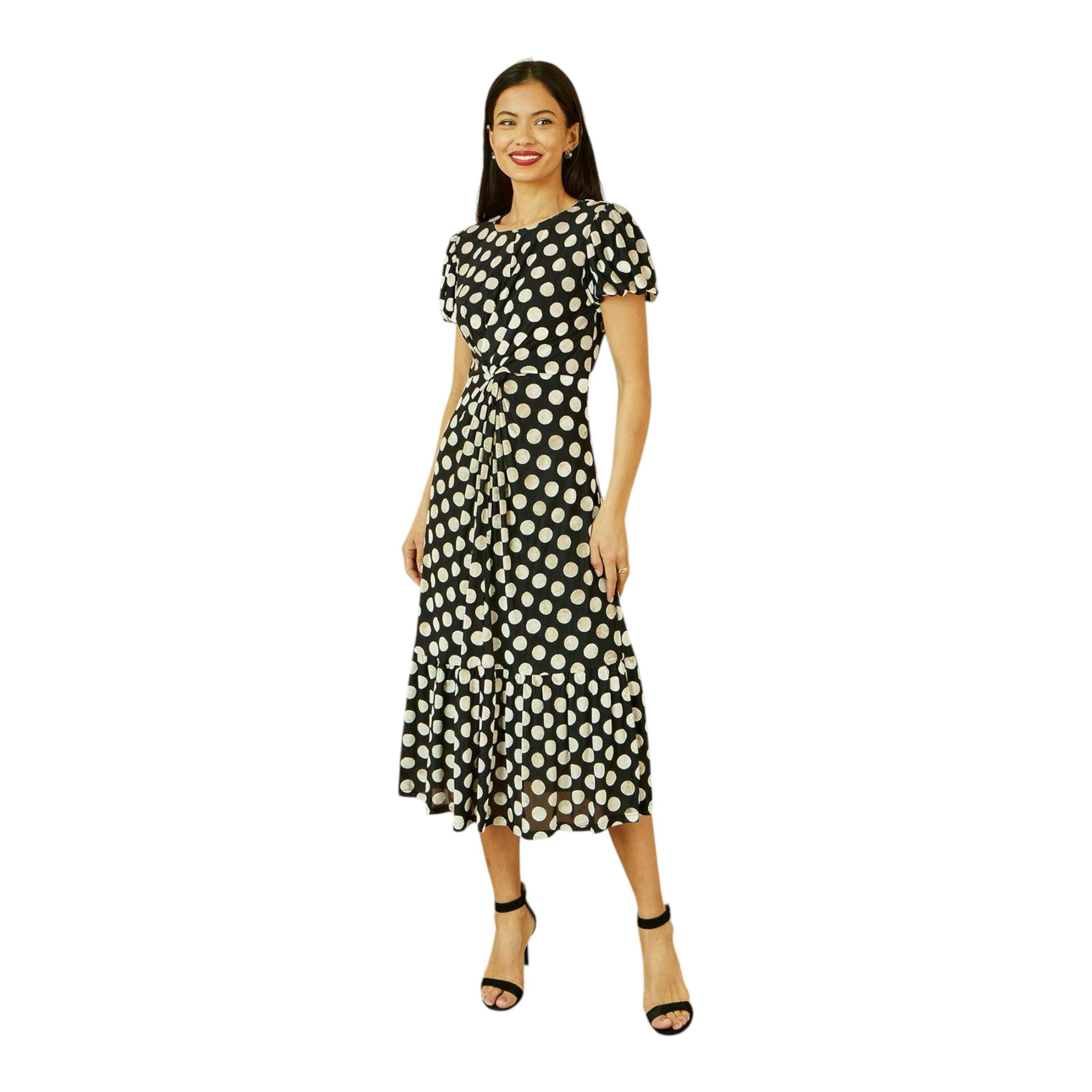 Yumi Black Velvet Spot Print Twist Knot Waist Midi Dress , view 4 of 6