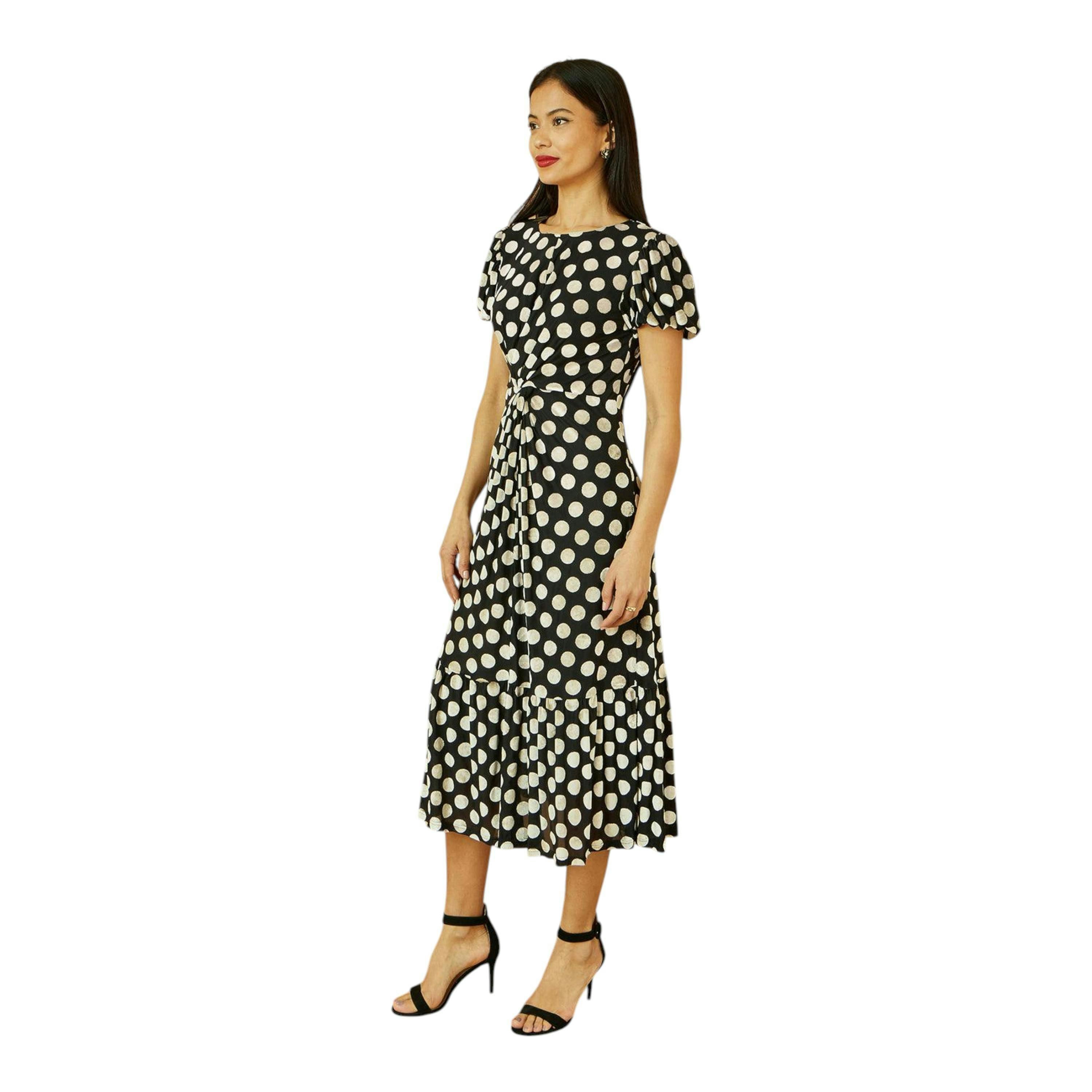 Yumi Black Velvet Spot Print Twist Knot Waist Midi Dress , view 5 of 6