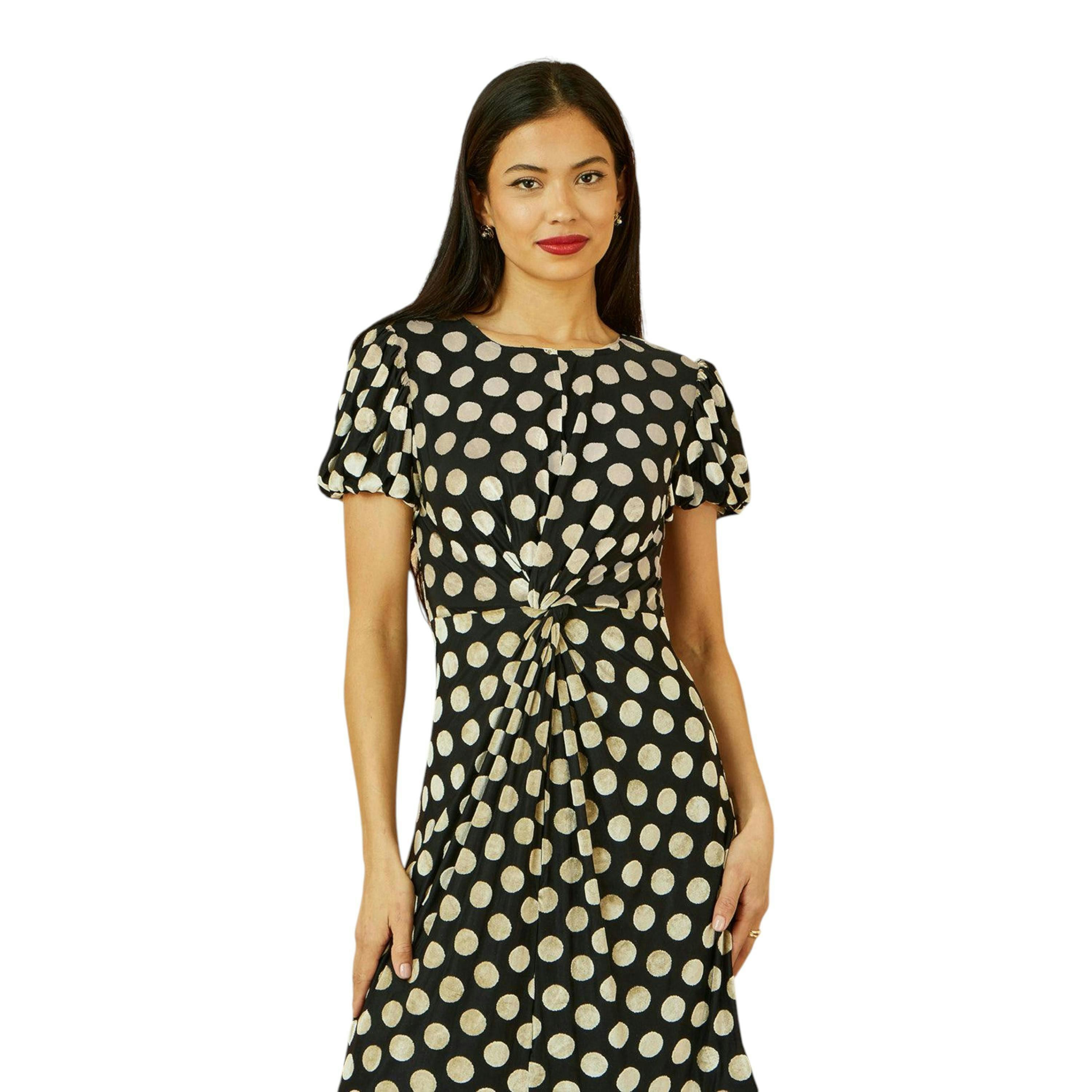 Yumi Black Velvet Spot Print Twist Knot Waist Midi Dress , view 6 of 6